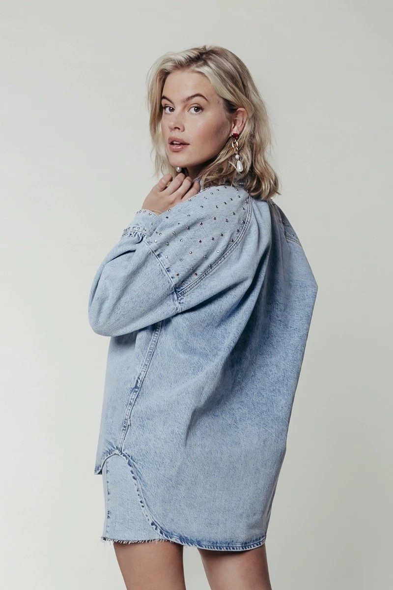 Colourful Rebel Teddy Rhinestones Denim Blouse Denim Blue 2900127175026