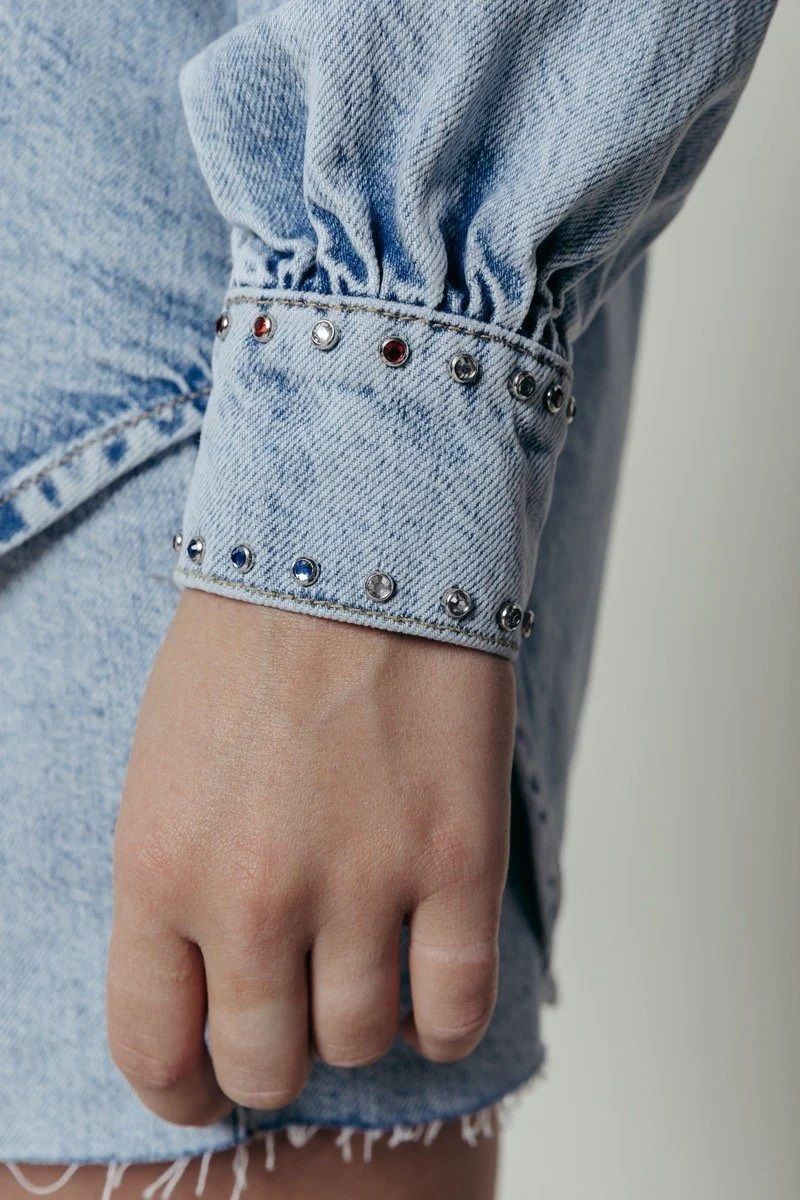 Colourful Rebel Teddy Rhinestones Denim Blouse Denim Blue 2900127175026