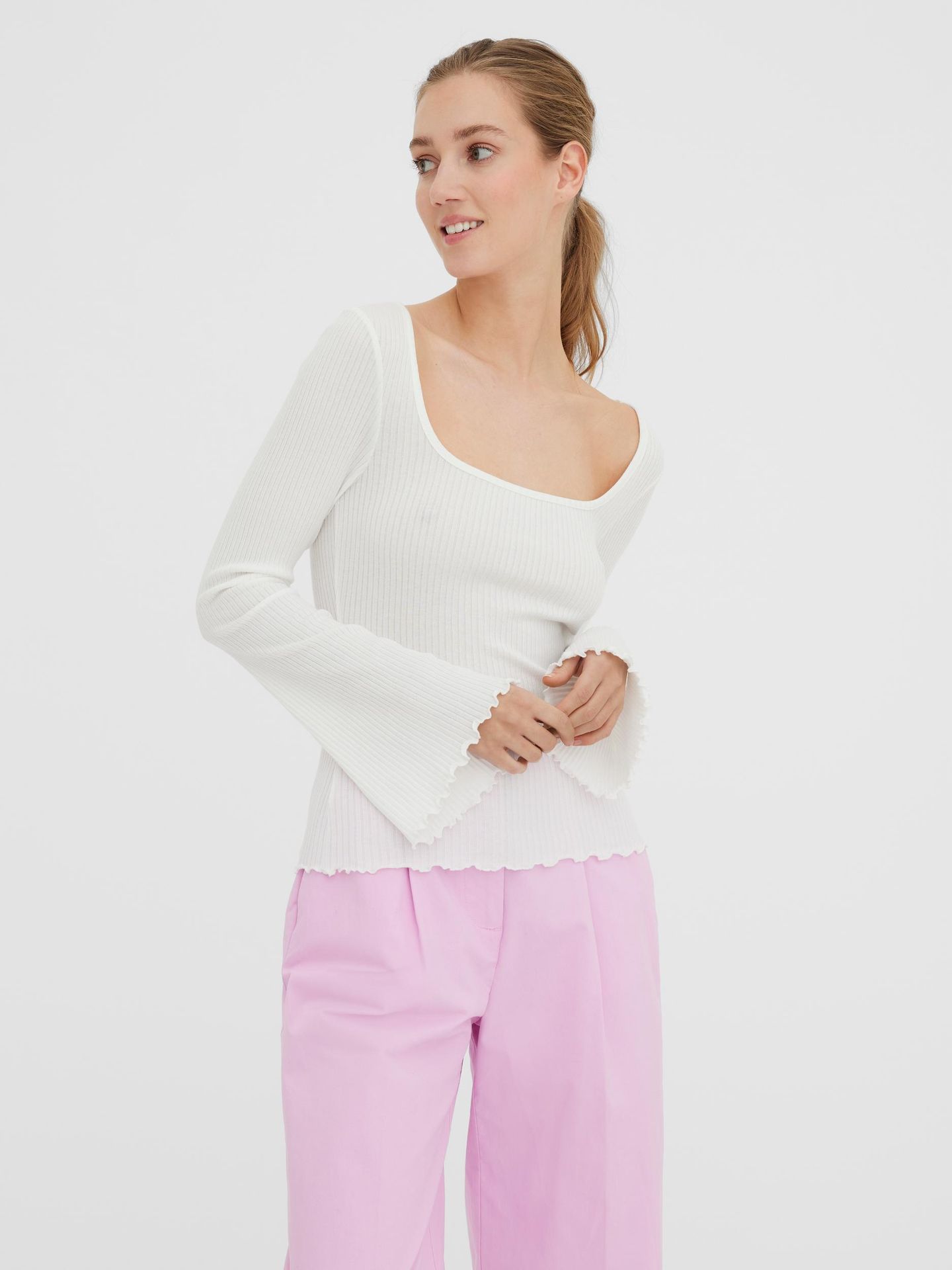 Vero Moda VMPOLLY L/S RIB BALLOON SLEEVE TOP - Snow White Snow White 2900128784036