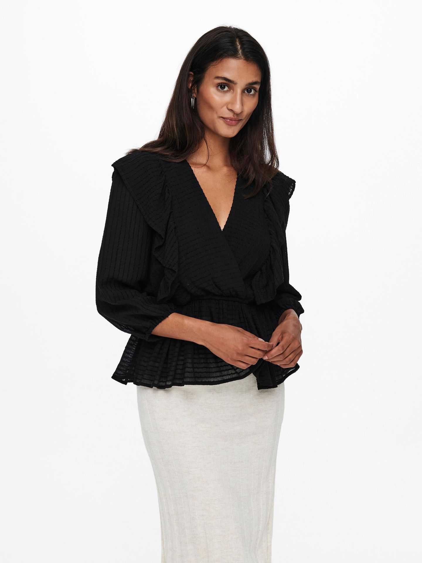 Only ONLLONDON 3/4 RUFFLE TOP NOOS WVN - Black Black 2900131385022
