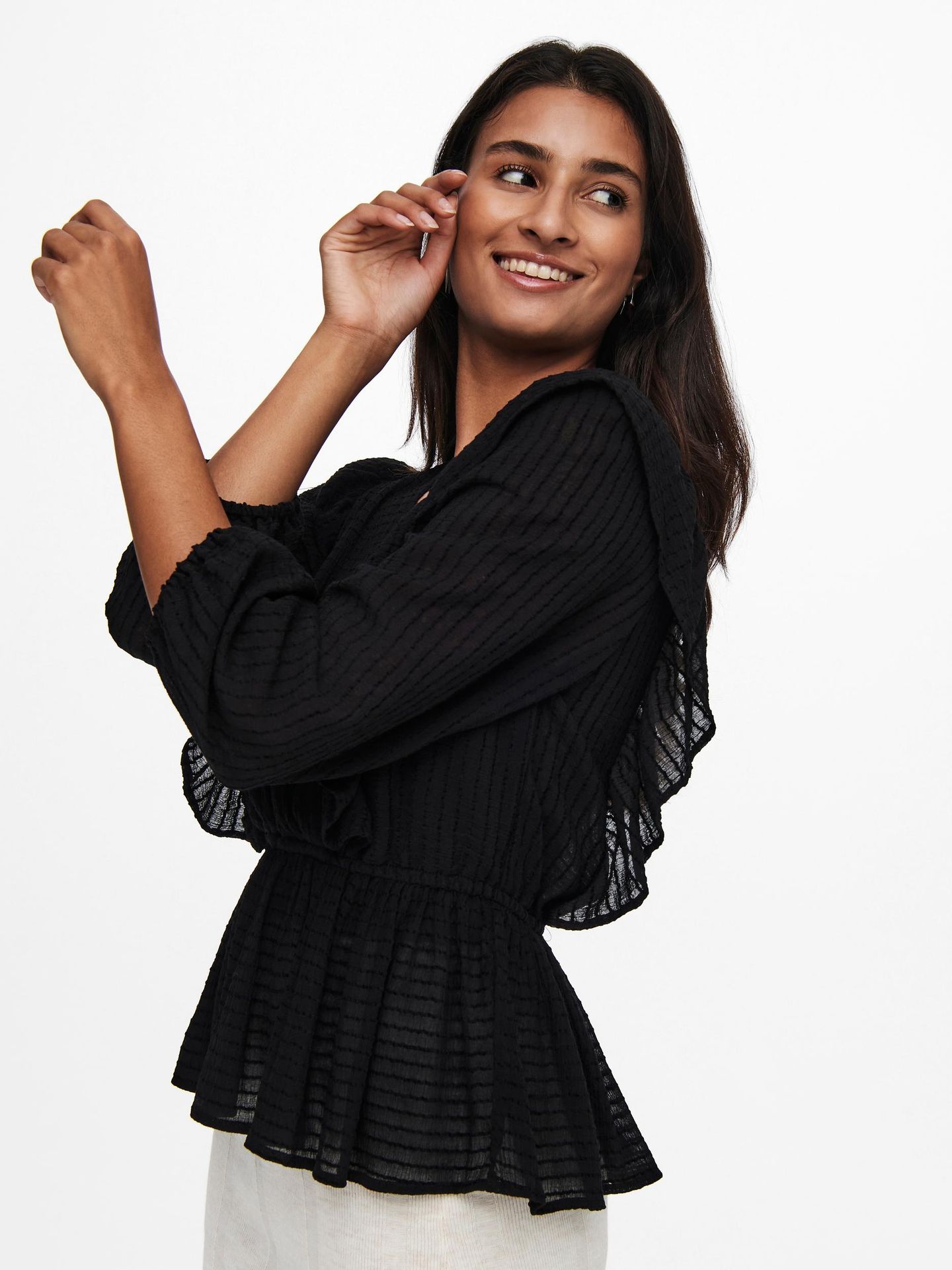 Only ONLLONDON 3/4 RUFFLE TOP NOOS WVN - Black Black 2900131385022