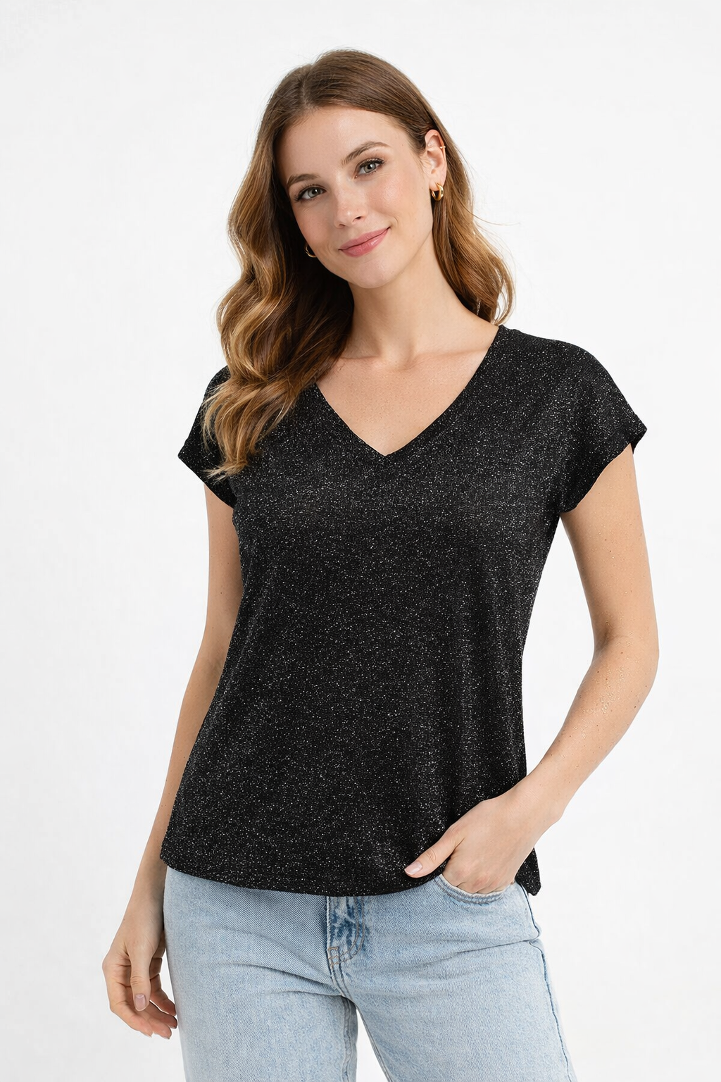 Only ONLSILVERY S/S V NECK LUREX TOP JRS Black 2900135084013