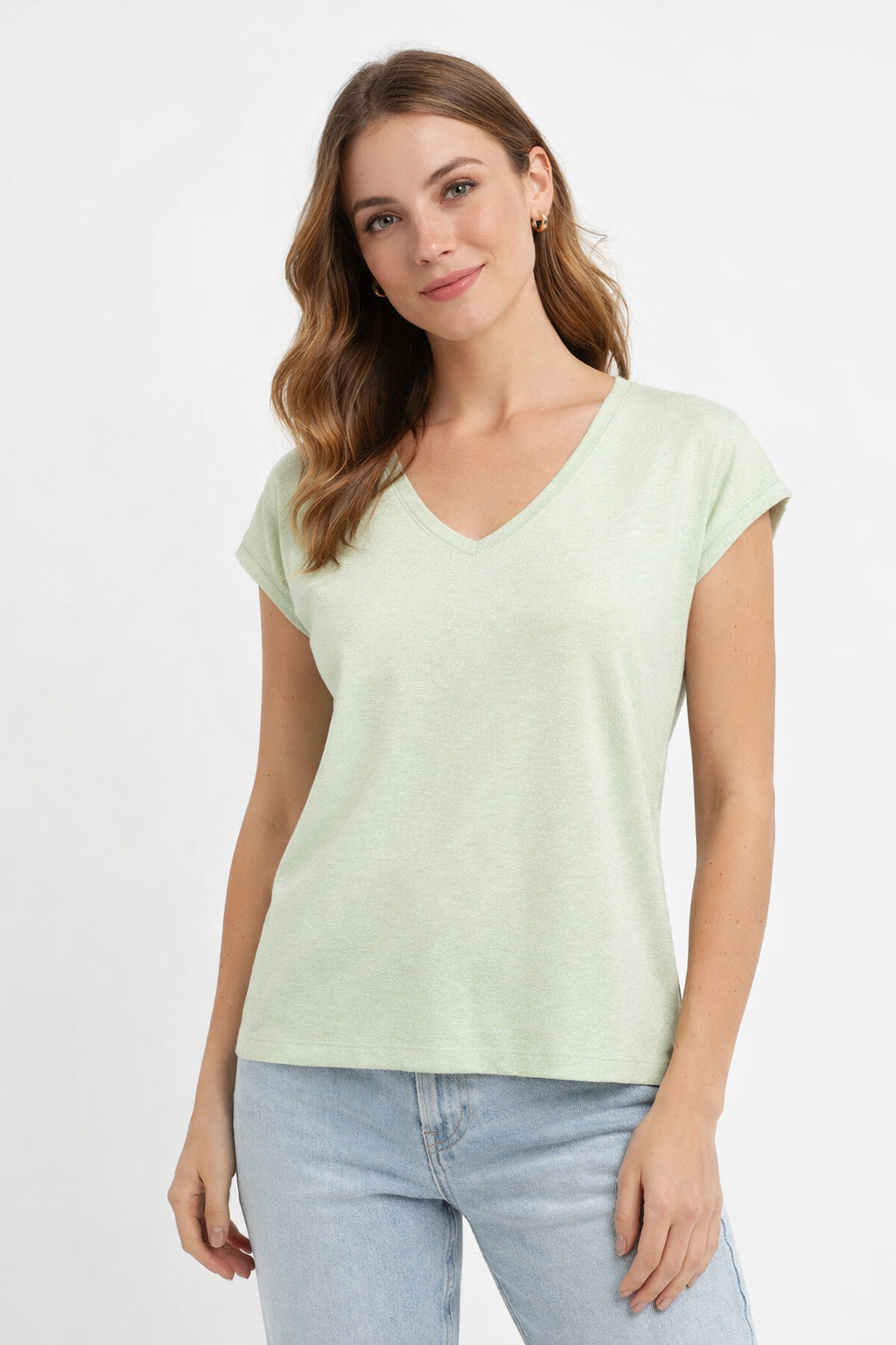 Only ONLSILVERY S/S V NECK LUREX TOP JRS Green Lily/TONE IN TONE LUREX 00101897-EKA26011400003292