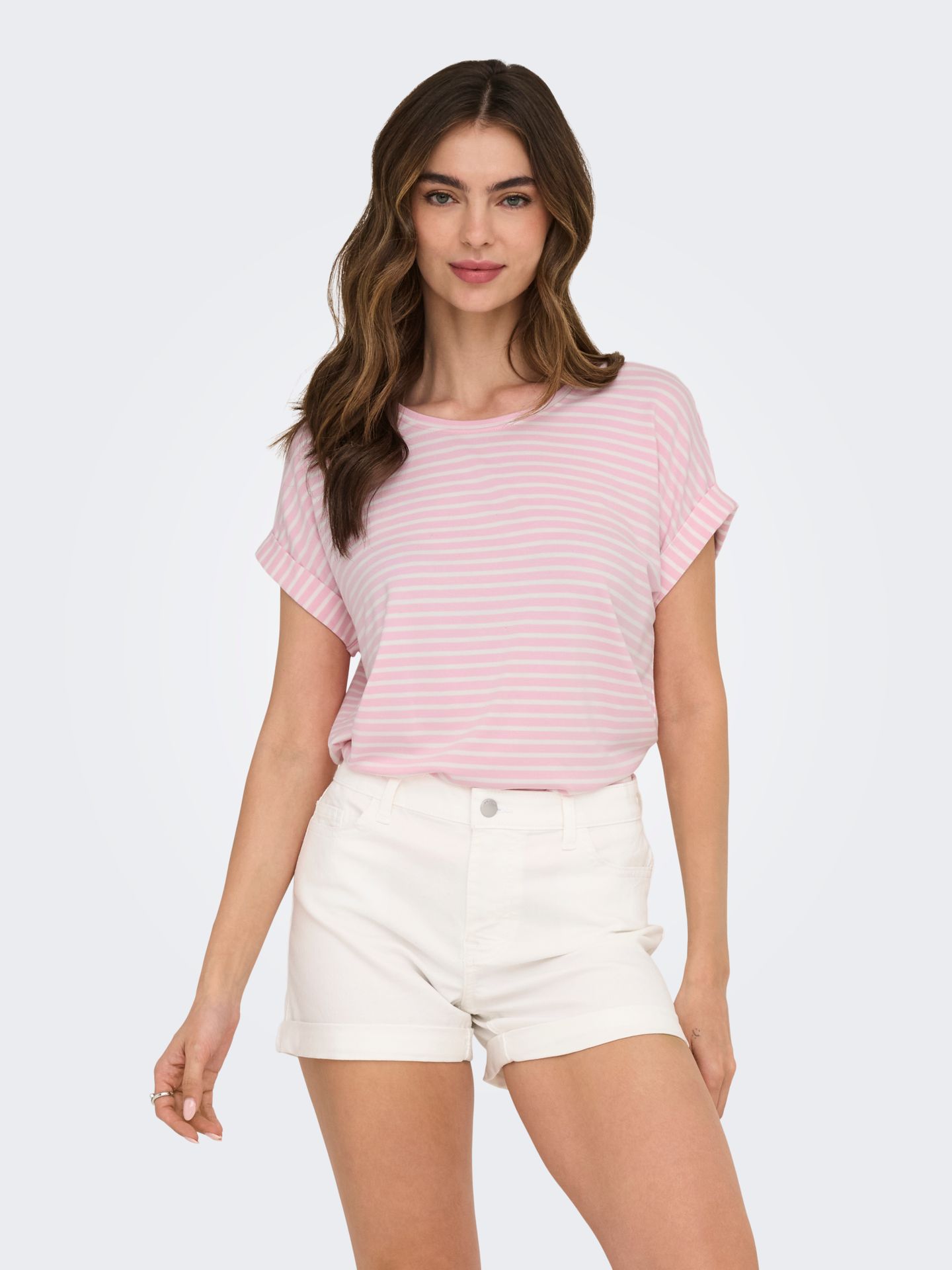 Only ONLMOSTER STRIPE S/S O-NECK TOP JRS Pink Lady/Melange 00101964-EKA26011400001939