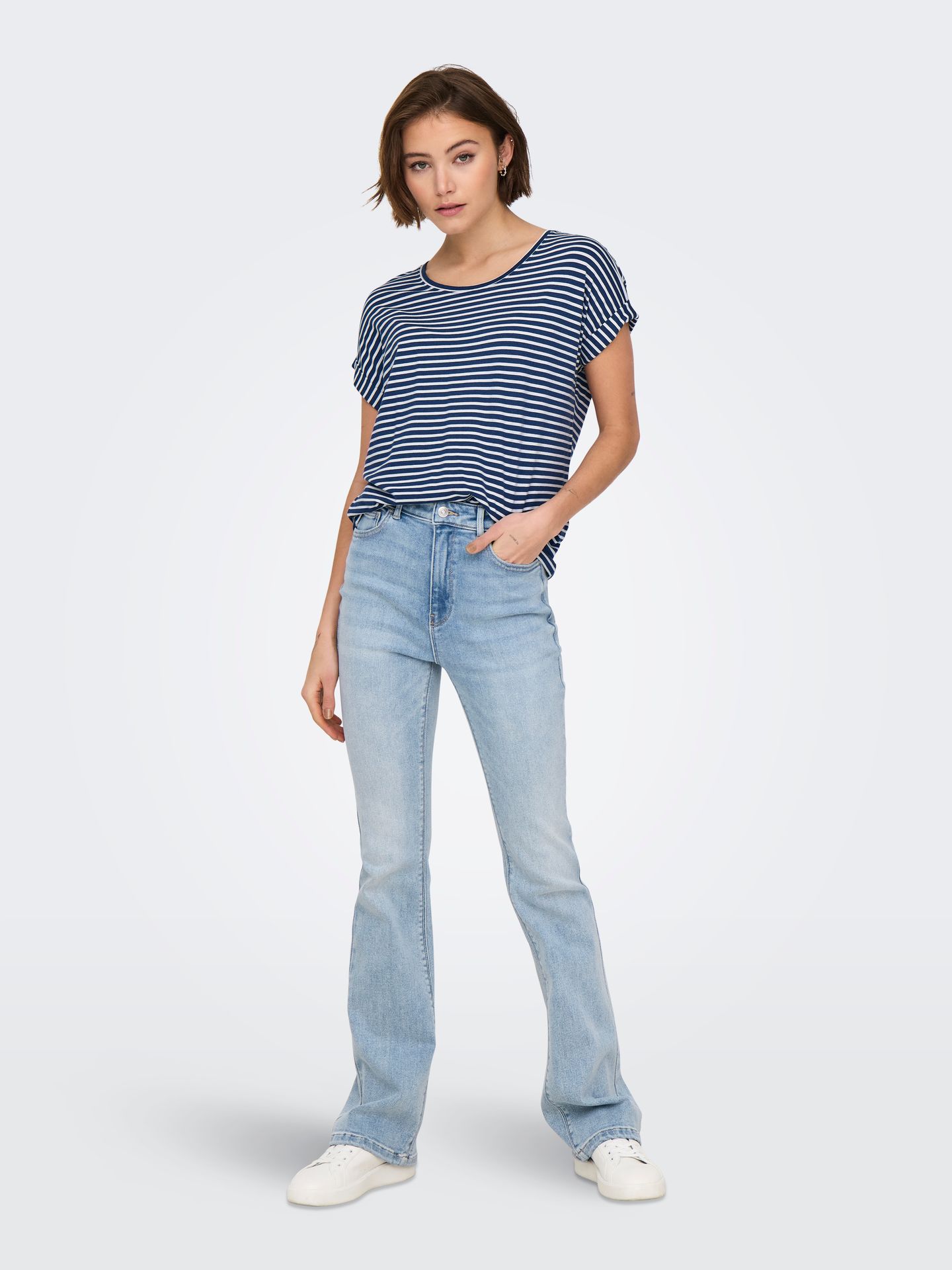 Only ONLMOSTER STRIPE S/S O-NECK TOP JRS Naval Academy/Gold buttons 2900162570053