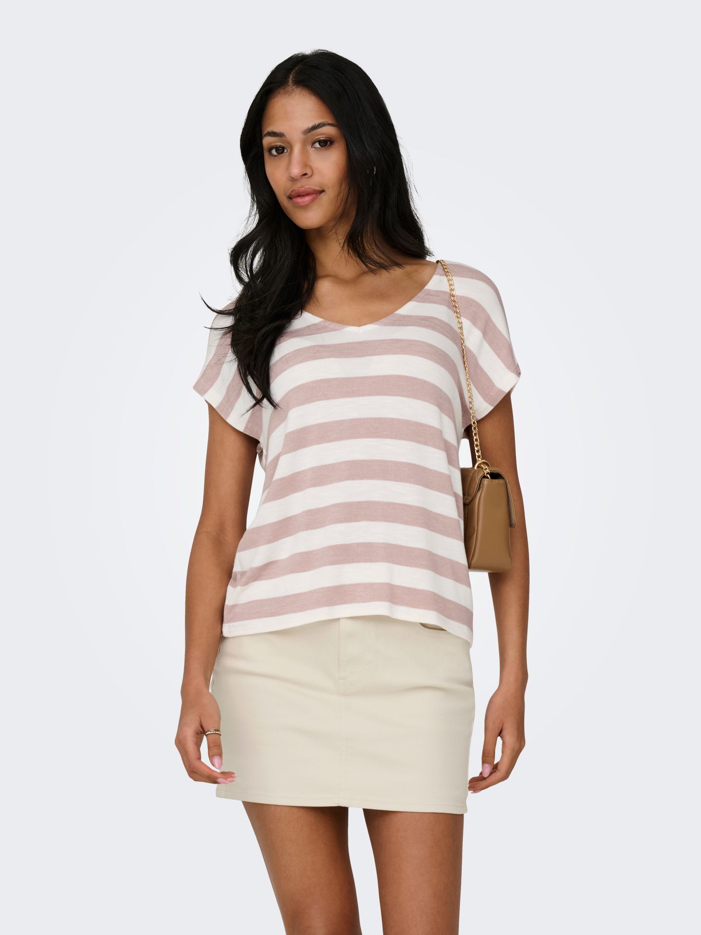 Only ONLLIRA LIFE S/S V-NECK TOP JRS Adobe Rose/Cloud dancer 2900162767026