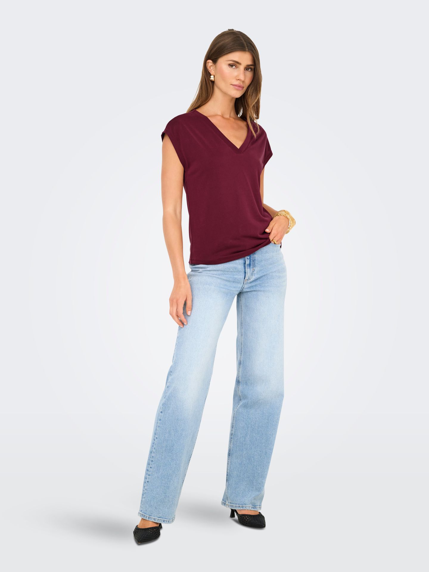 Only ONLFREE S/S MODAL V-NECK TOP JRS NO Tawny Port 2900168180058