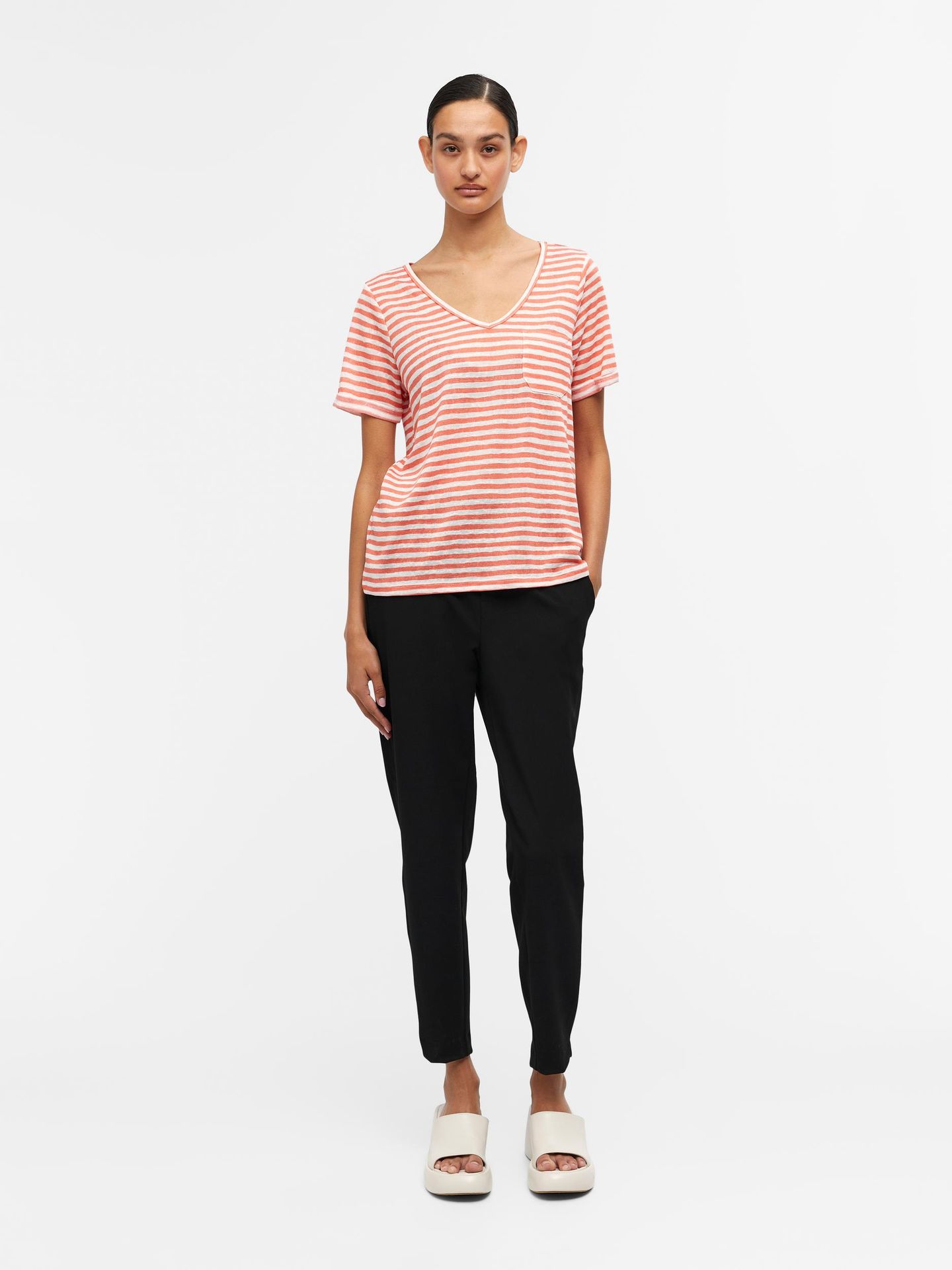 Object OBJTESSI SLUB S/S V-NECK NOOS Hot Coral/WHITE STRIPES COL 2900139534033