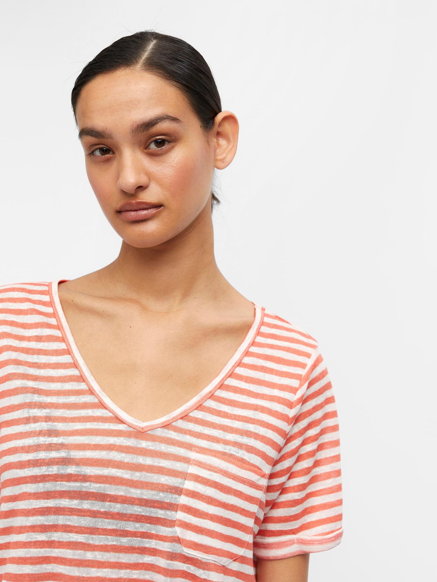 Object OBJTESSI SLUB S/S V-NECK NOOS Hot Coral/WHITE STRIPES COL 2900139534033