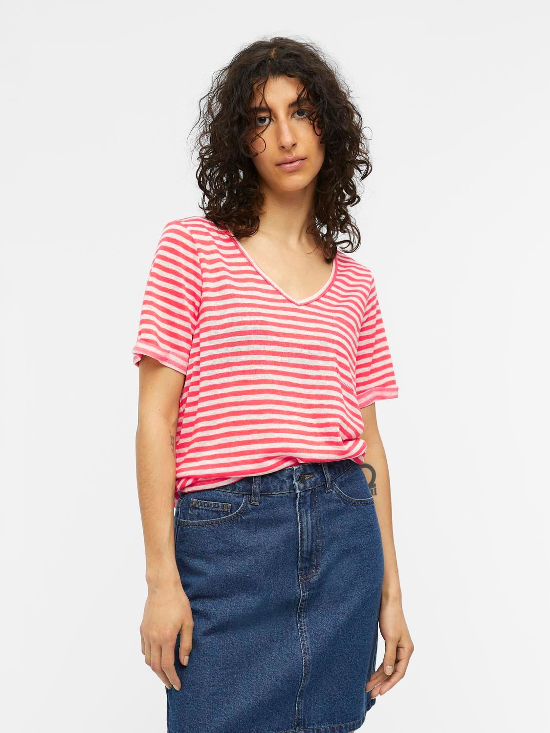 Object OBJTESSI SLUB S/S V-NECK NOOS Paradise Pink/WHITE STRIPES 2900146382016
