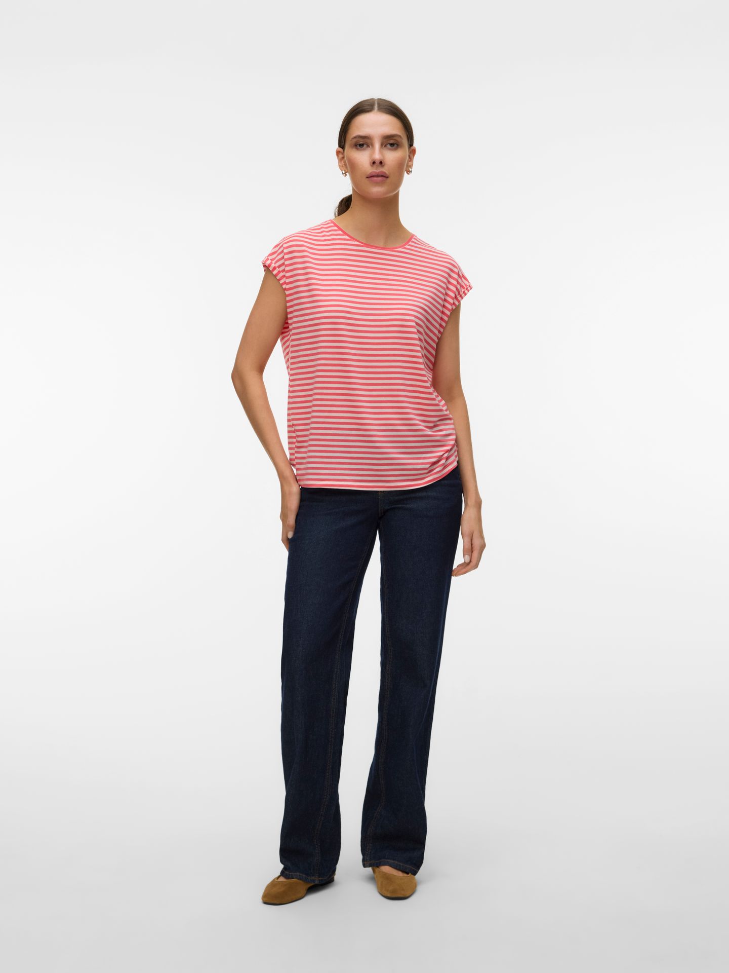 Vero Moda VMAVA PLAIN SS TOP STRIPE GA JRS  N Coral Paradise/PRISTINE 2900163741025