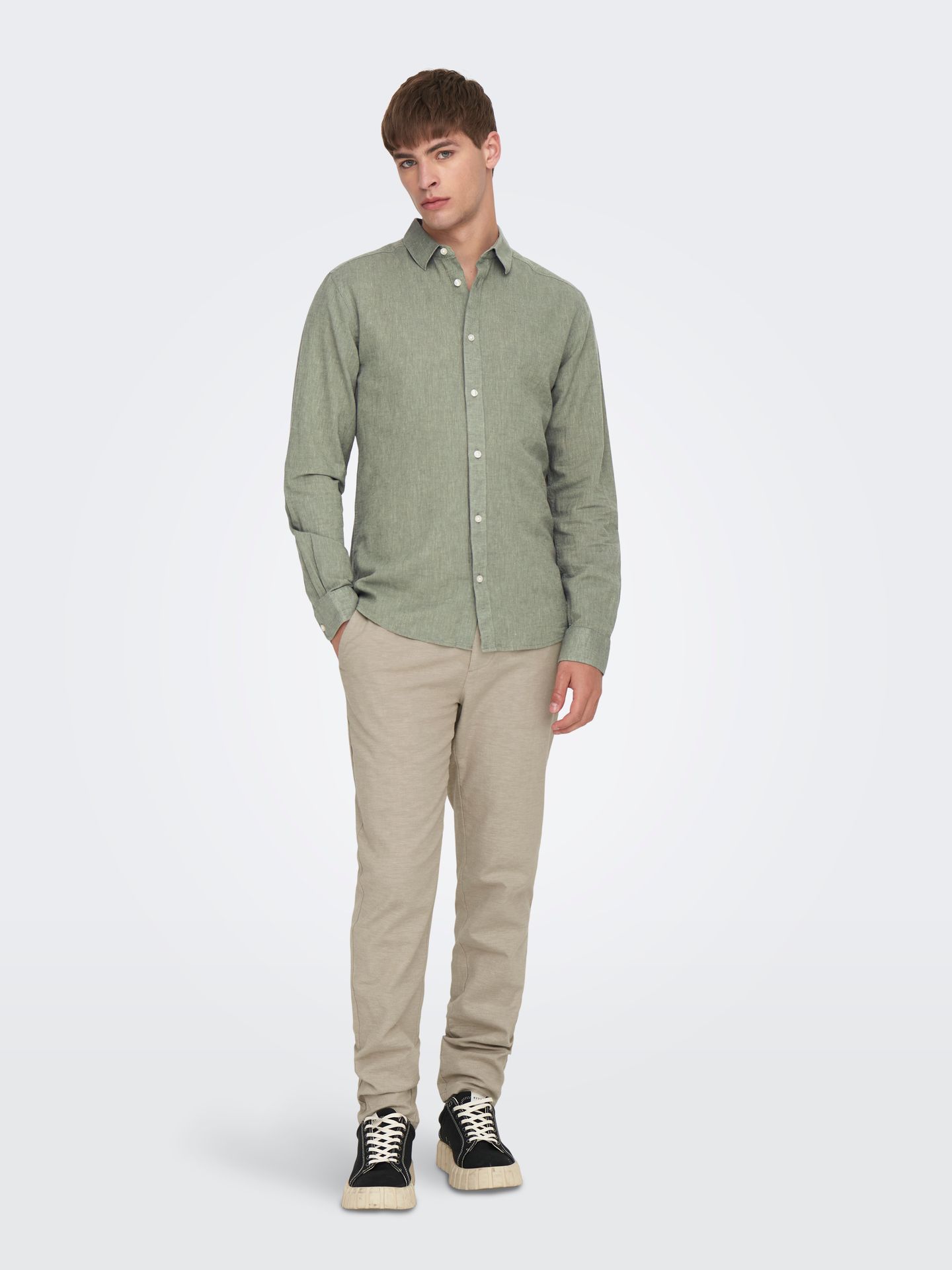Only & Sons ONSCAIDEN LS SOLID LINEN SHIRT NOOS Swamp 2900164074047