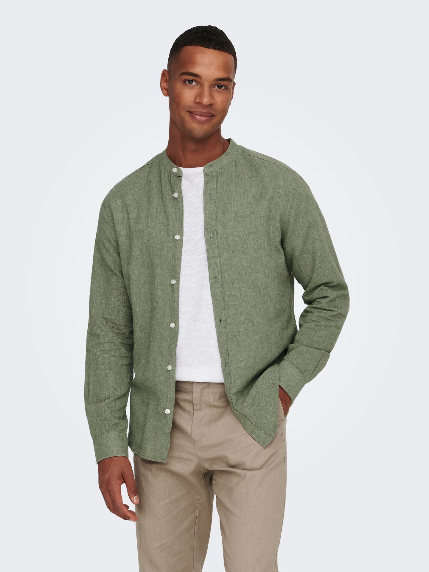 Only & Sons ONSCAIDEN LS SOLID LINEN MAO SHIRT Swamp 00103998-EKA26011400001519