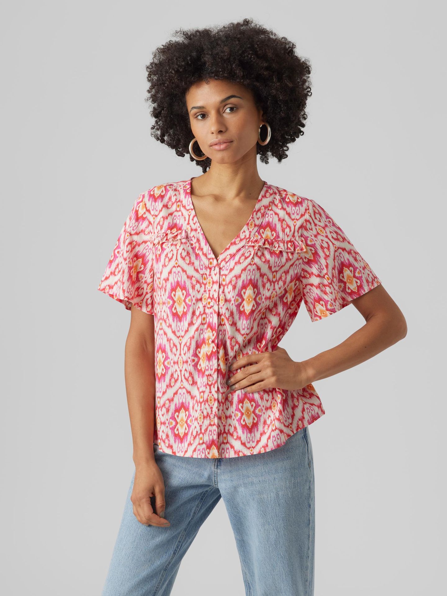 Vero Moda VMSIFA S/S V-NECK SHIRT WVN BTQ Pink Yarrow/SILVER FOIL 2900139860026