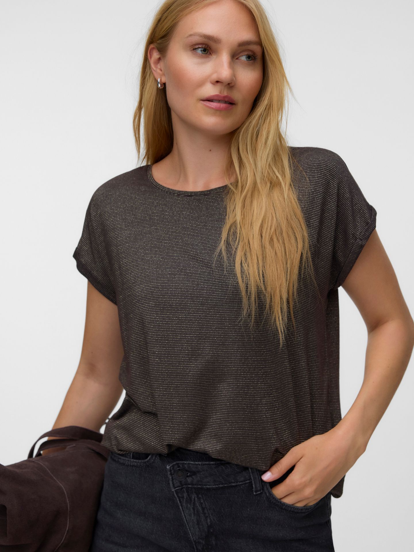 Vero Moda VMLAVA PLAIN SS TOP LUREX STRIP GA Chocolate Torte/GOLD LUREX 2900168202040