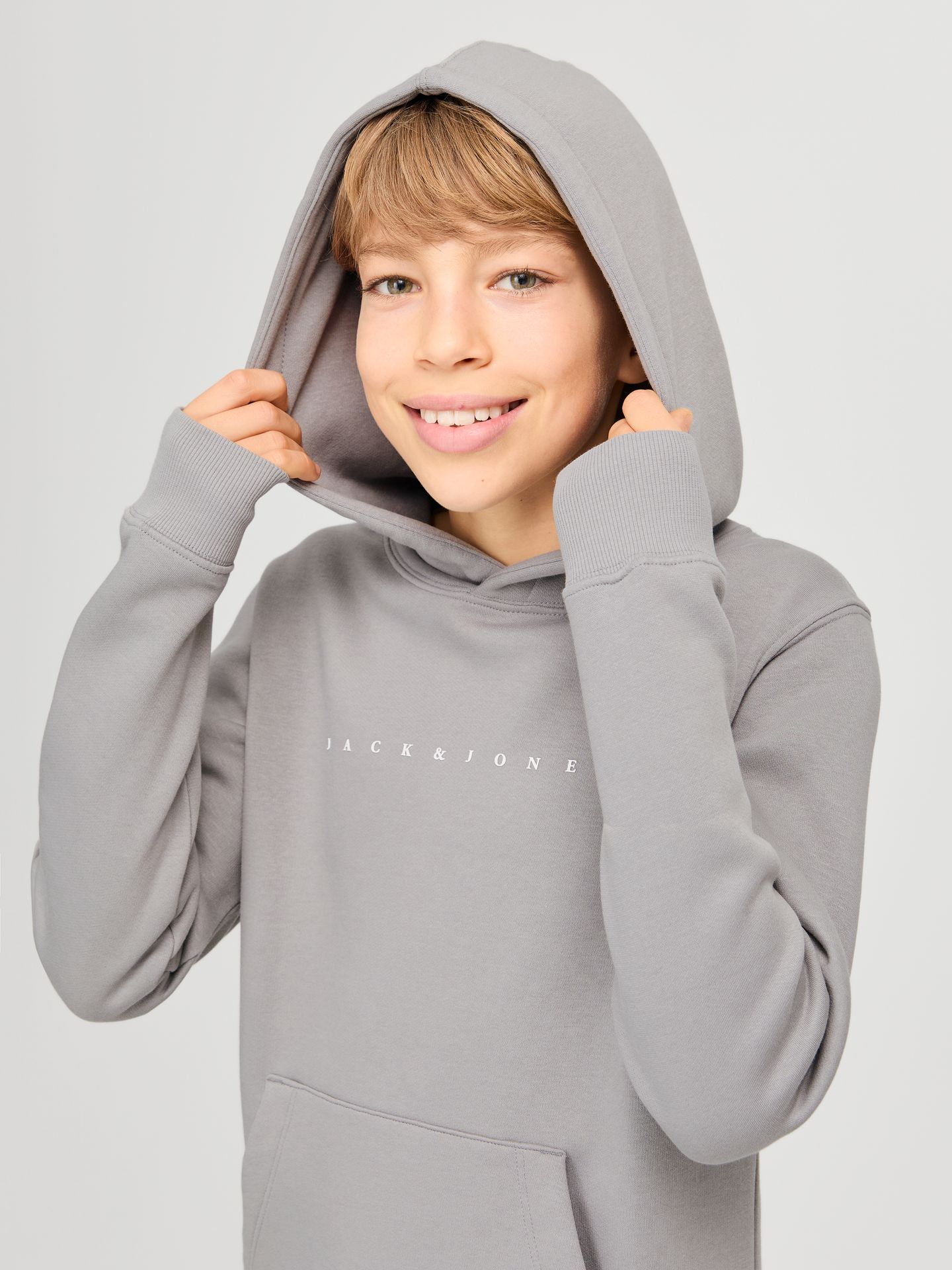 Jack & Jones JJESTAR JJ SWEAT HOOD NOOS JNR Ultimate Grey/White 2900152531057