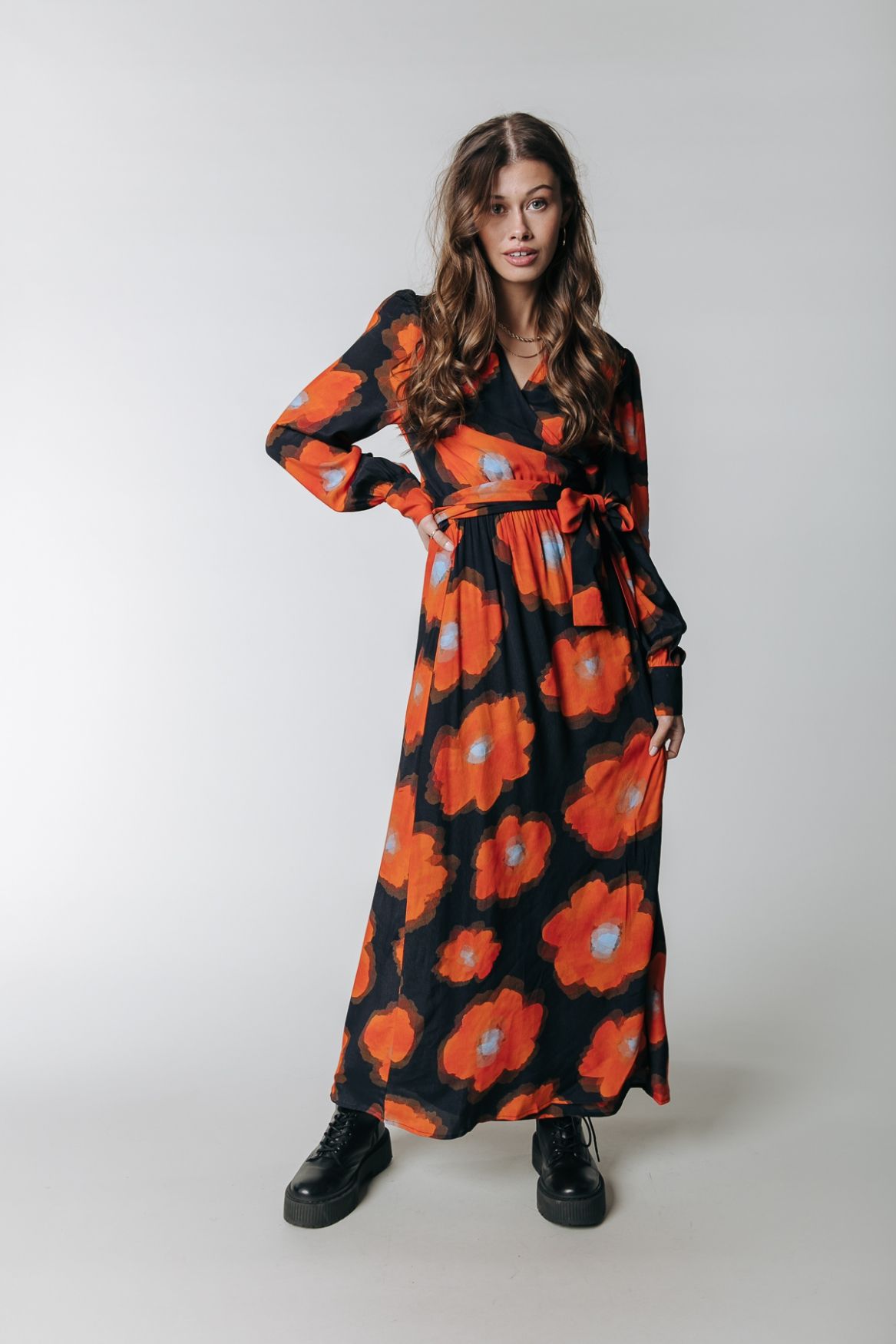 Colourful Rebel Lola Painted Flower Longsleeve Maxi Wrap Dress 723 mandarin orange 00105161-EKA26011600000028