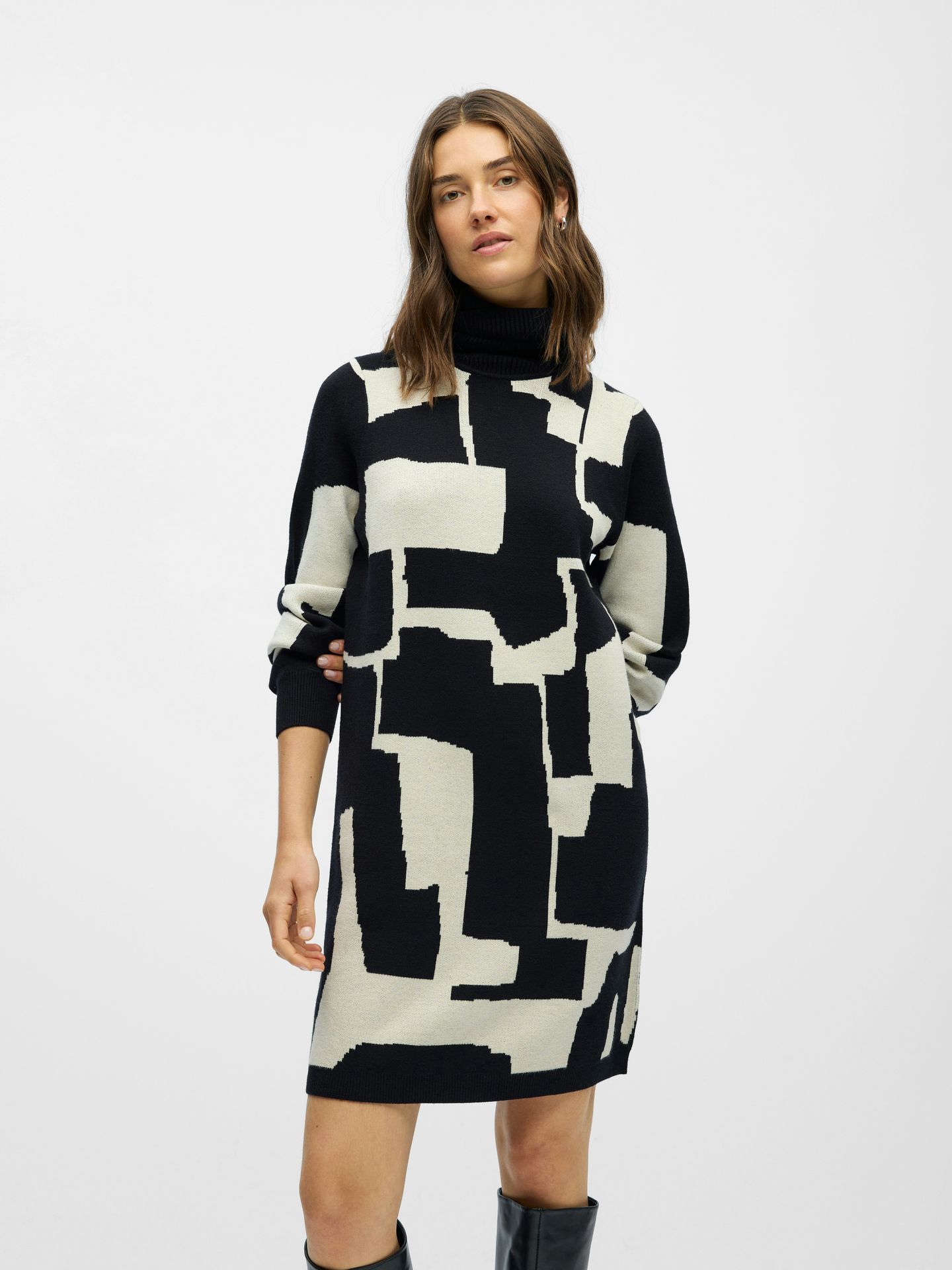 Object OBJRAY L/S KNIT ROLLNECK DRESS AOP Black/Desert taupe abstract flower 00105470-EKA22000400000116