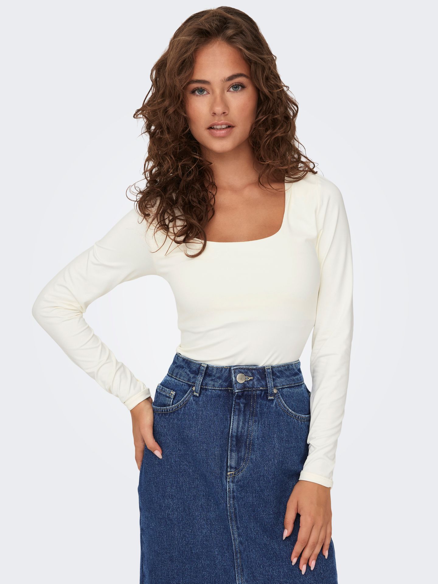 Only ONLEA L/S 2-WAY DEEP NECK TOP JRS Cloud Dancer 2900158410028