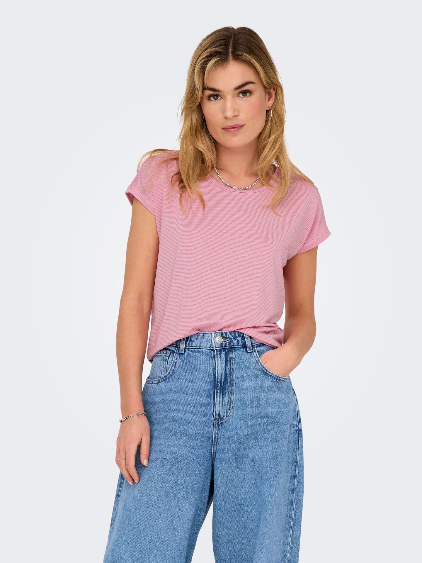 Only ONLCLAUDIA S/S GLITTER STRIPE TOP J Bonbon/Fuchsia Purple 2900165092033