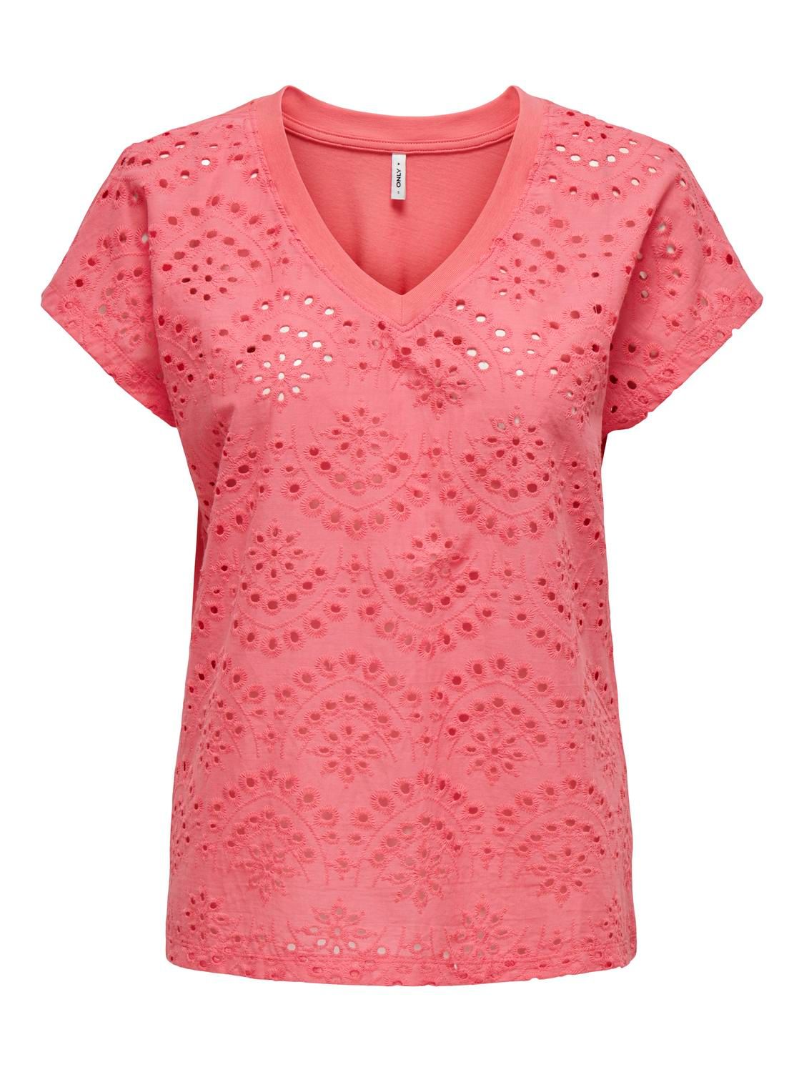 Only ONLLULU LIFE S/S V-NECK TOP BOX JRS Coral Paradise/Broderie anglais 00108785-EKA26011400002134