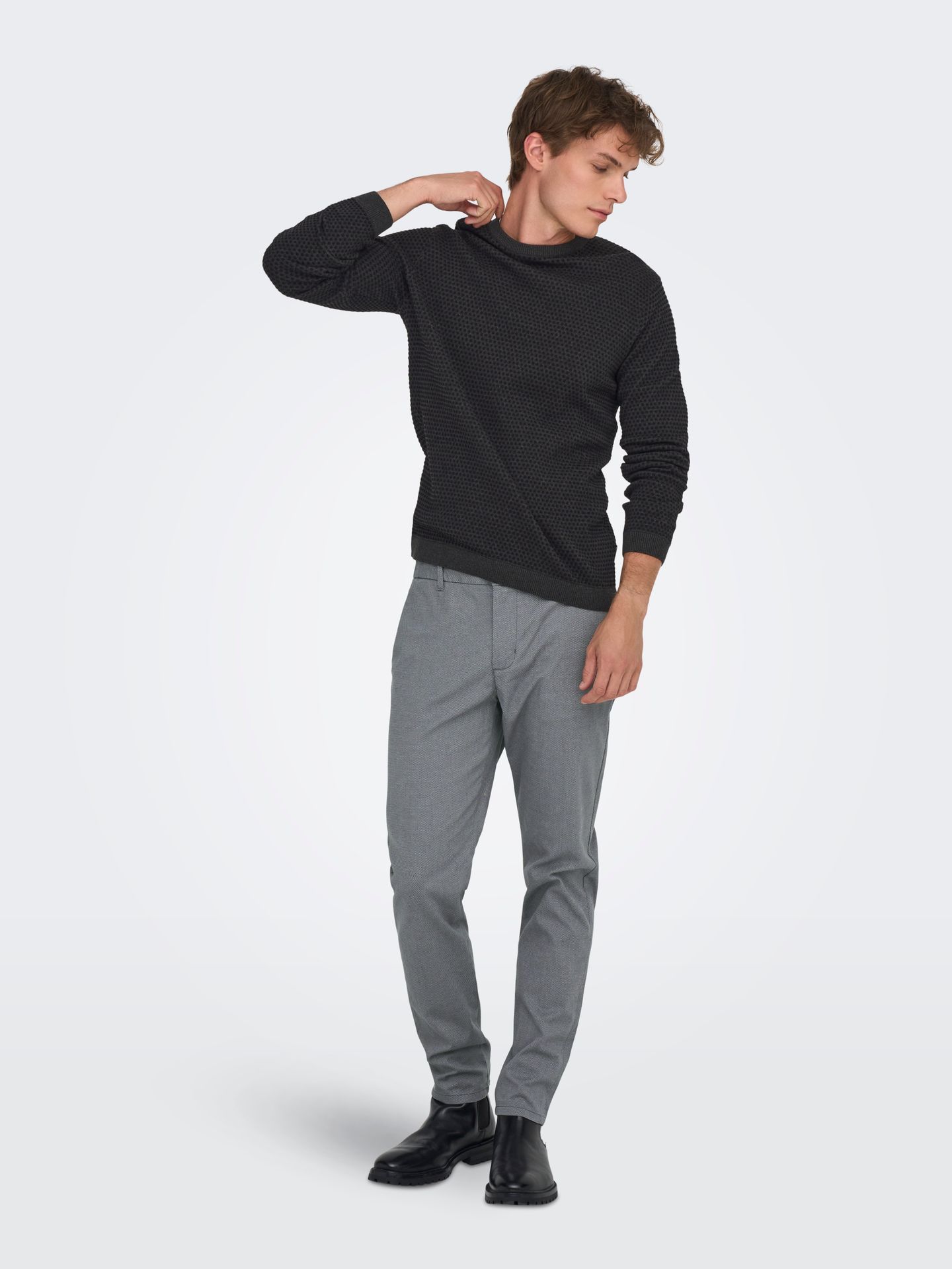 Only & Sons ONSTAPA REG 12 STRUC LS CREW KNIT N Dark Grey Melange/BLACK DOTS 2900149595048