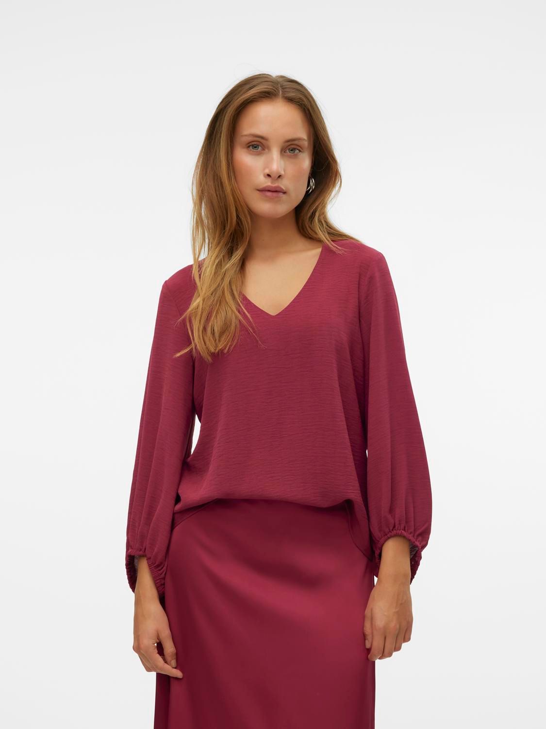 Vero Moda VMOLIVIA L/S V-NECK TOP WVN BTQ GA Red Plum 2900149636048