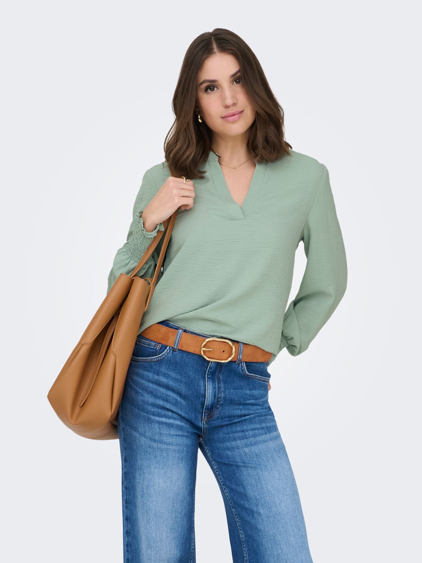 Only ONLMETTE V-NECK LS SMOCK TOP NOOS W Jadeite 2900162648042