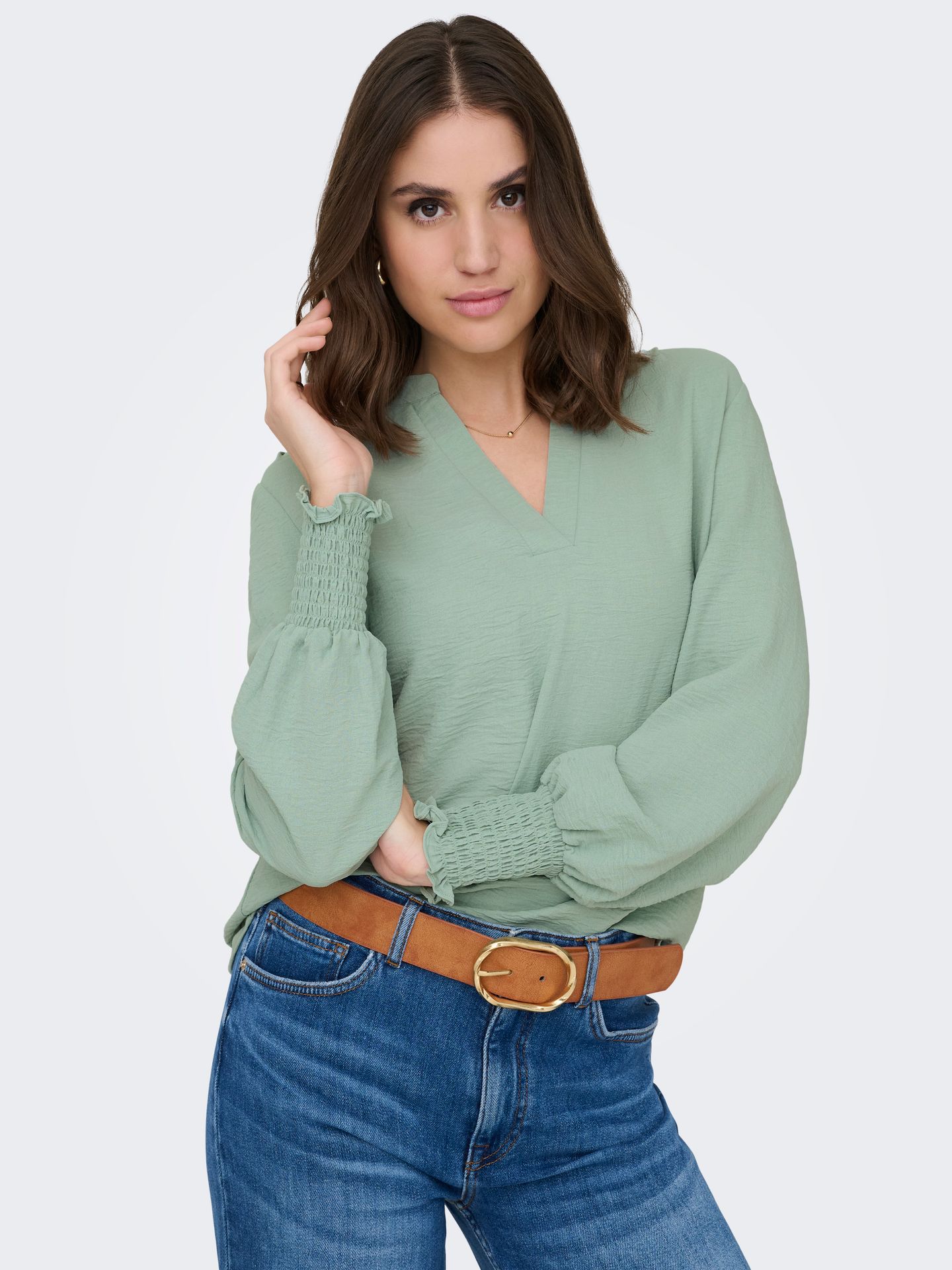 Only ONLMETTE V-NECK LS SMOCK TOP NOOS W Jadeite 2900162648042