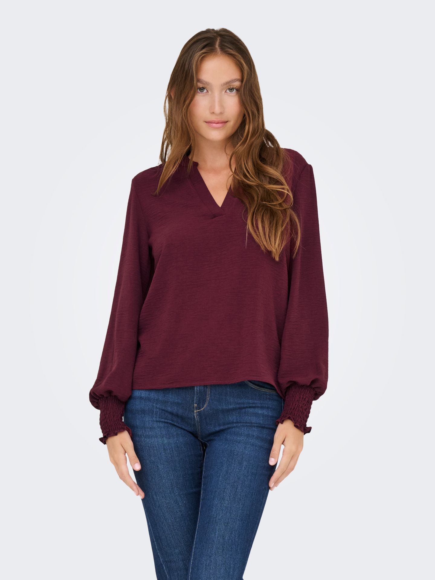 Only ONLMETTE V-NECK LS SMOCK TOP NOOS W Tawny Port 2900158859032
