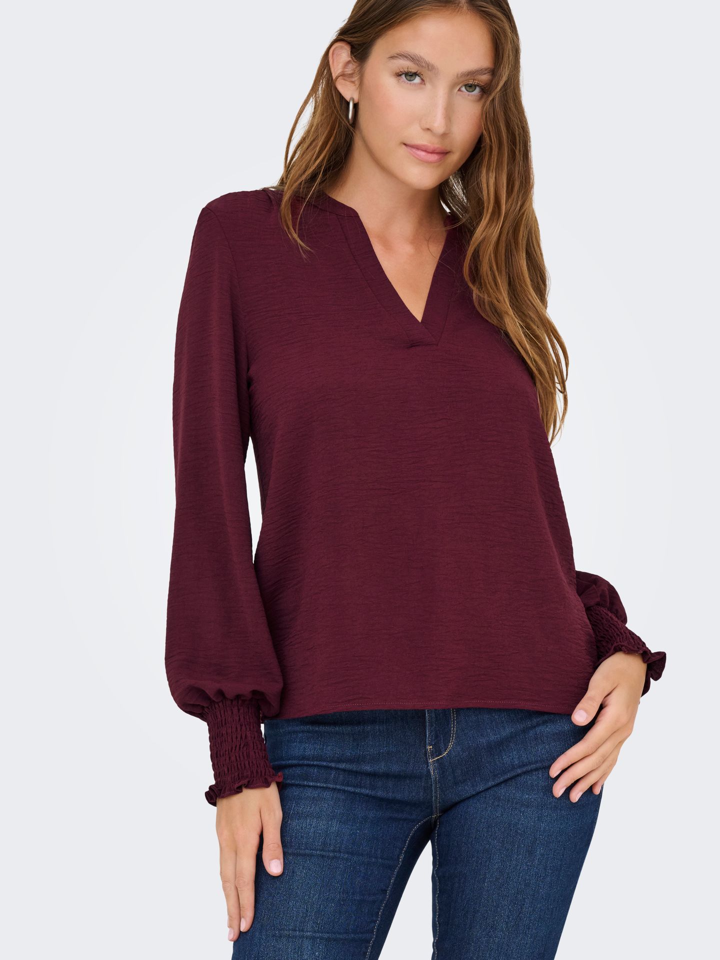 Only ONLMETTE V-NECK LS SMOCK TOP NOOS W Tawny Port 2900158859018