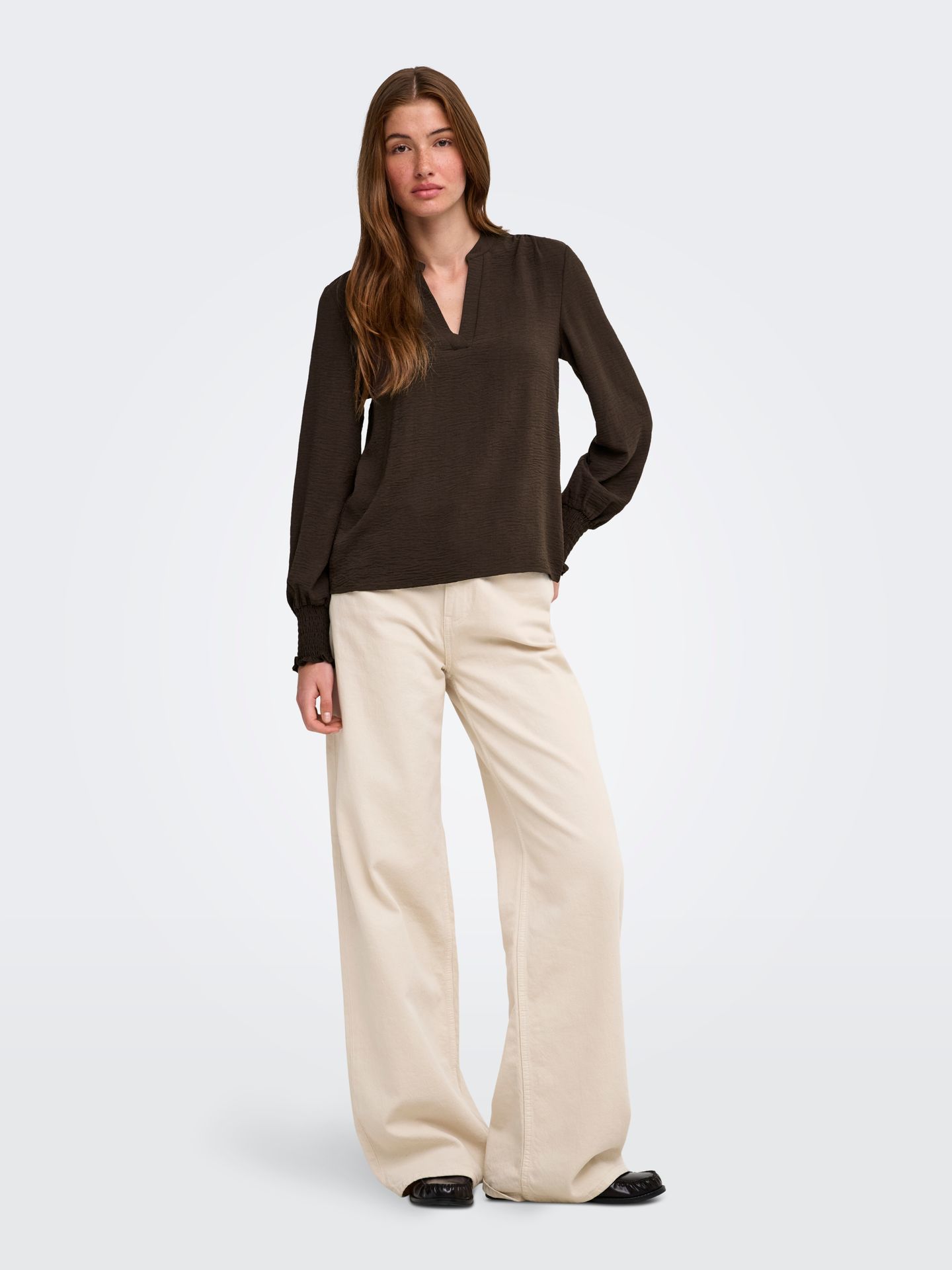Only ONLMETTE V-NECK LS SMOCK TOP NOOS W Coffee Bean 2900168307035