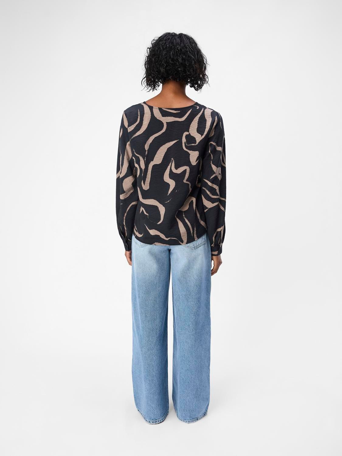 Object OBJJACIRA L/S V-NECK TOP NOOS Black/Desert taupe abstract flower 2900149982022