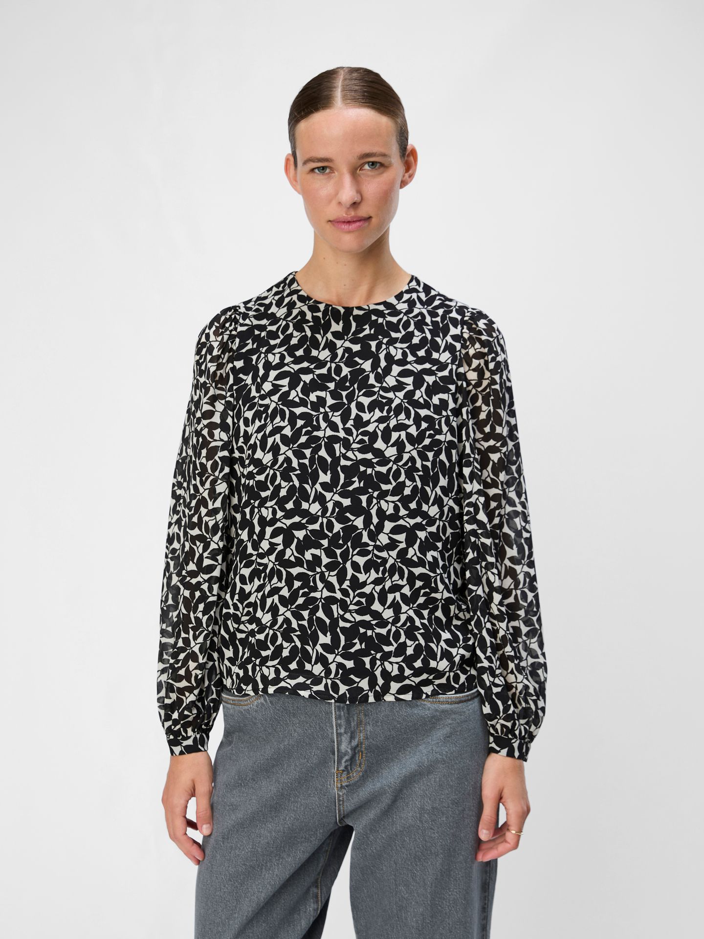 Object OBJMILA L/S TOP NOOS Sandshell/Black leaves COL 00109915-EKA22000400000117