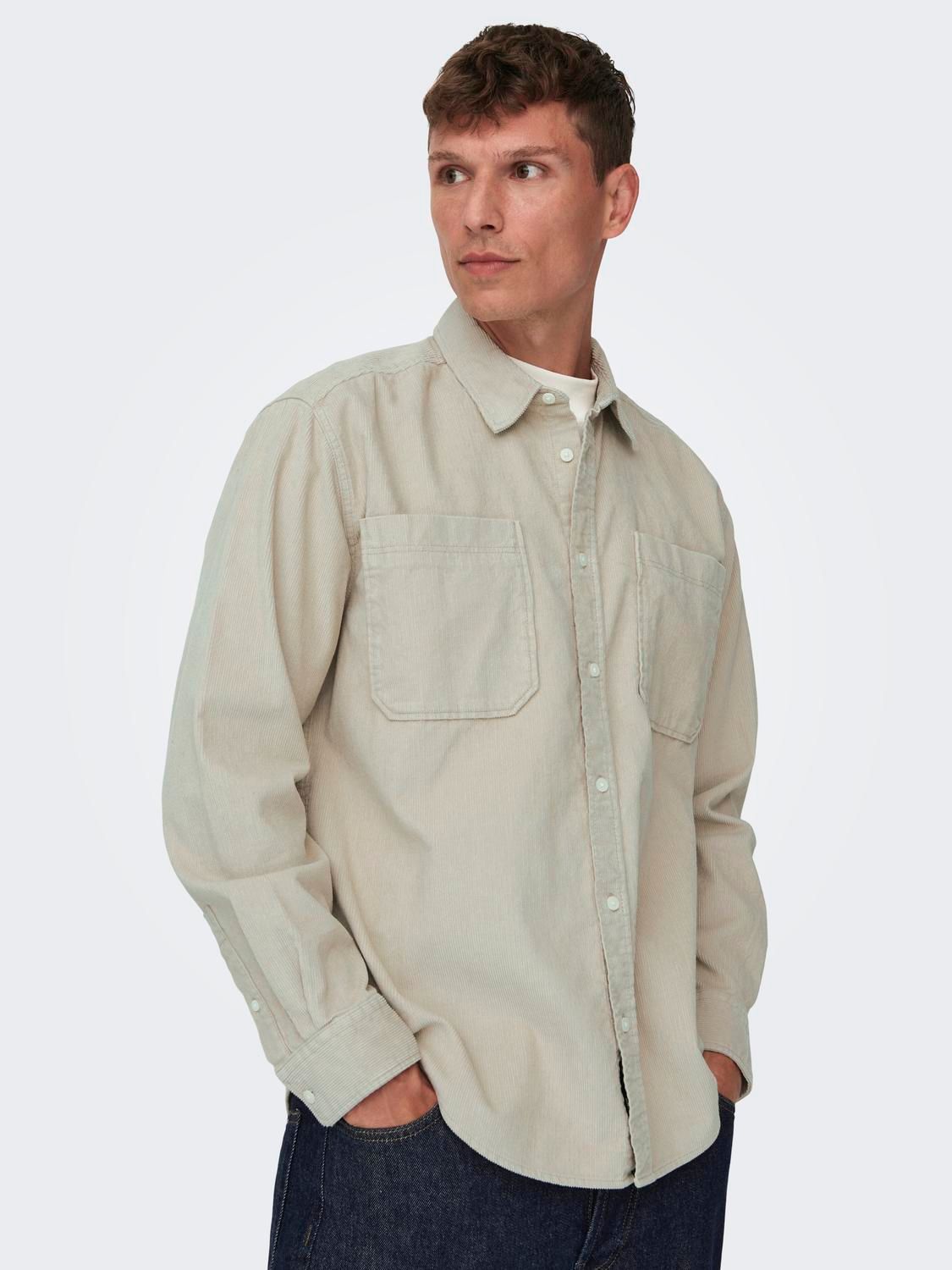 Only & Sons ONSALP RLX 2PKT WASHD CORD LS SHIRT Silver Lining 2900150817030