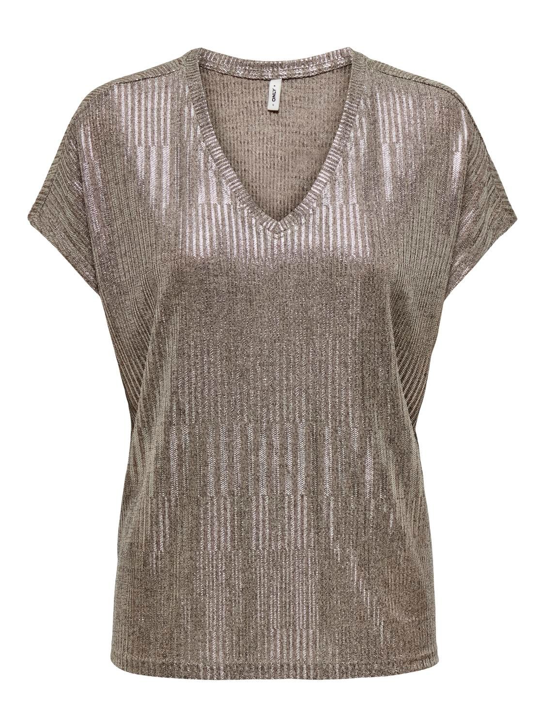 Only ONLMIRINDA S/S V-NECK TOP JRS Humus/Melange + silver metallic 00110237-EKA26011400000999