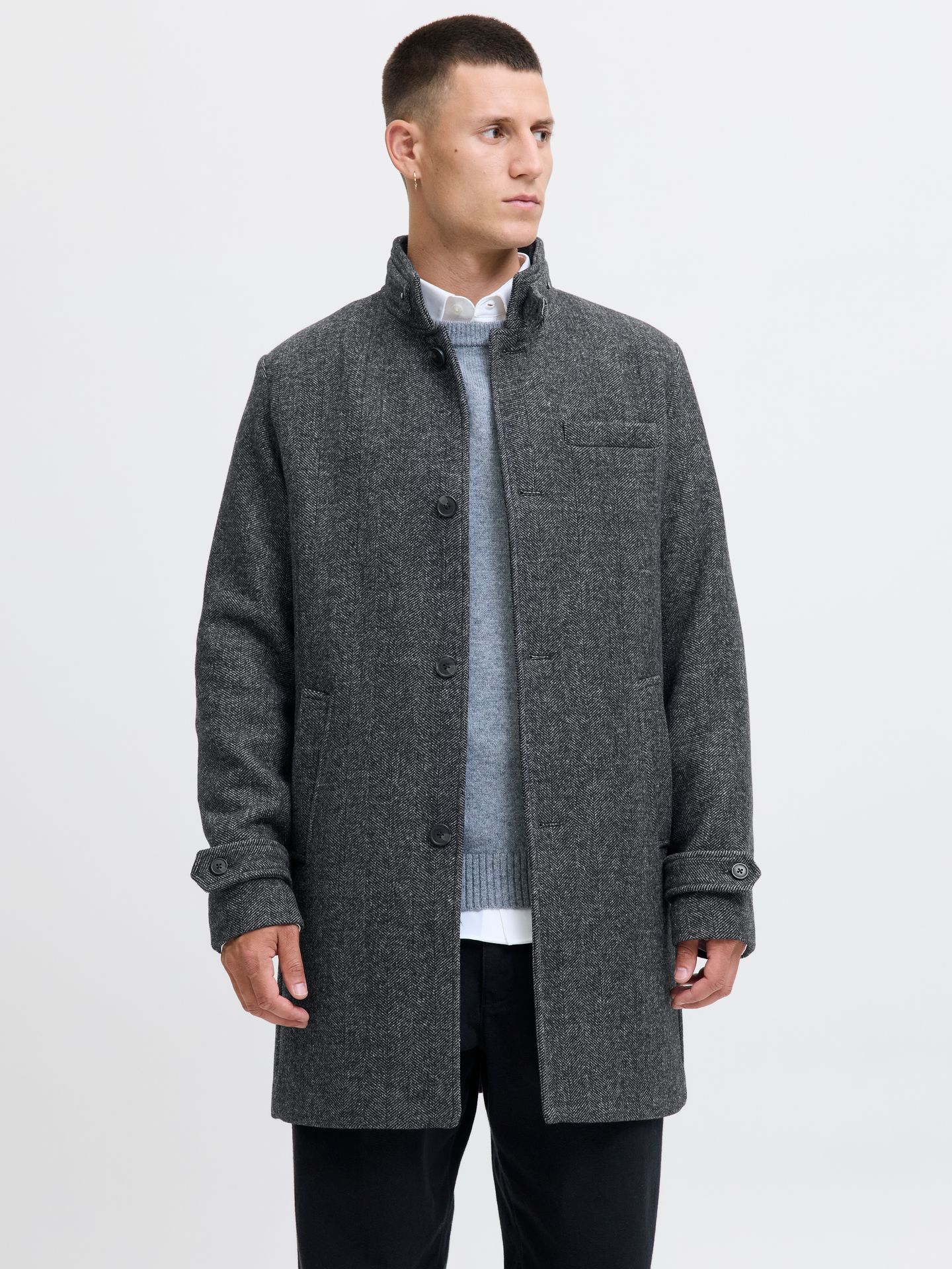 Jack & Jones JJEMELTON WOOL COAT SN Grey Melange/HERRINGBONE STRUCTURE 00110239-EKA26011400003102