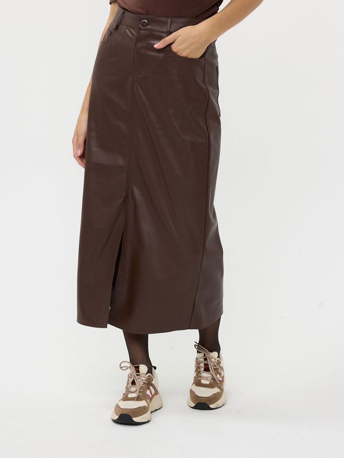 Esqualo Skirt long split vegan leather 770 chocolate 00110257-EKA26009300000030