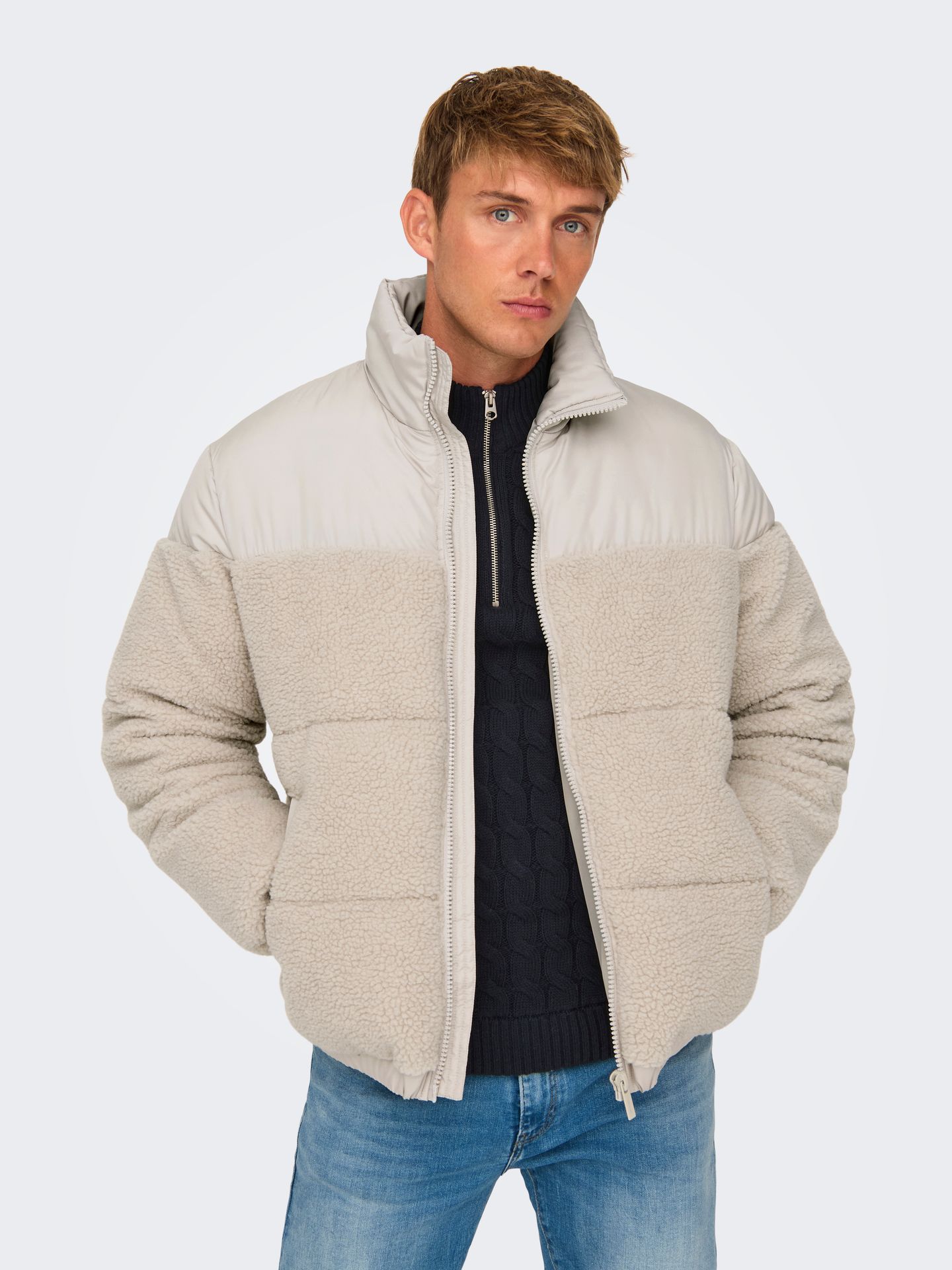 Only & Sons ONSELI SHERPA MIX PUFFER JACKET OTW Silver Lining 2900151367053