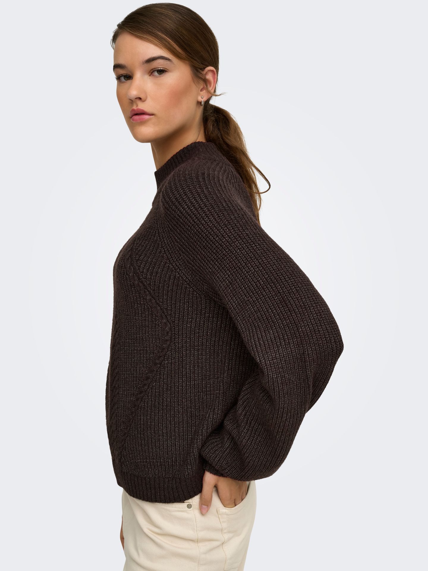 Only ONLKATIA LS DETAIL HIGHNECK KNT Chocolate Torte/CLOUD DANCER 2900172123041