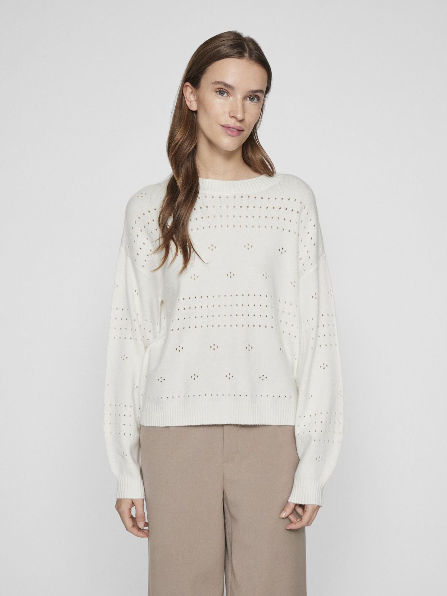 vila VIRIL L/S O-NECK POINTELLE KNIT TOP White Alyssum 00111529-EKA22000400000131