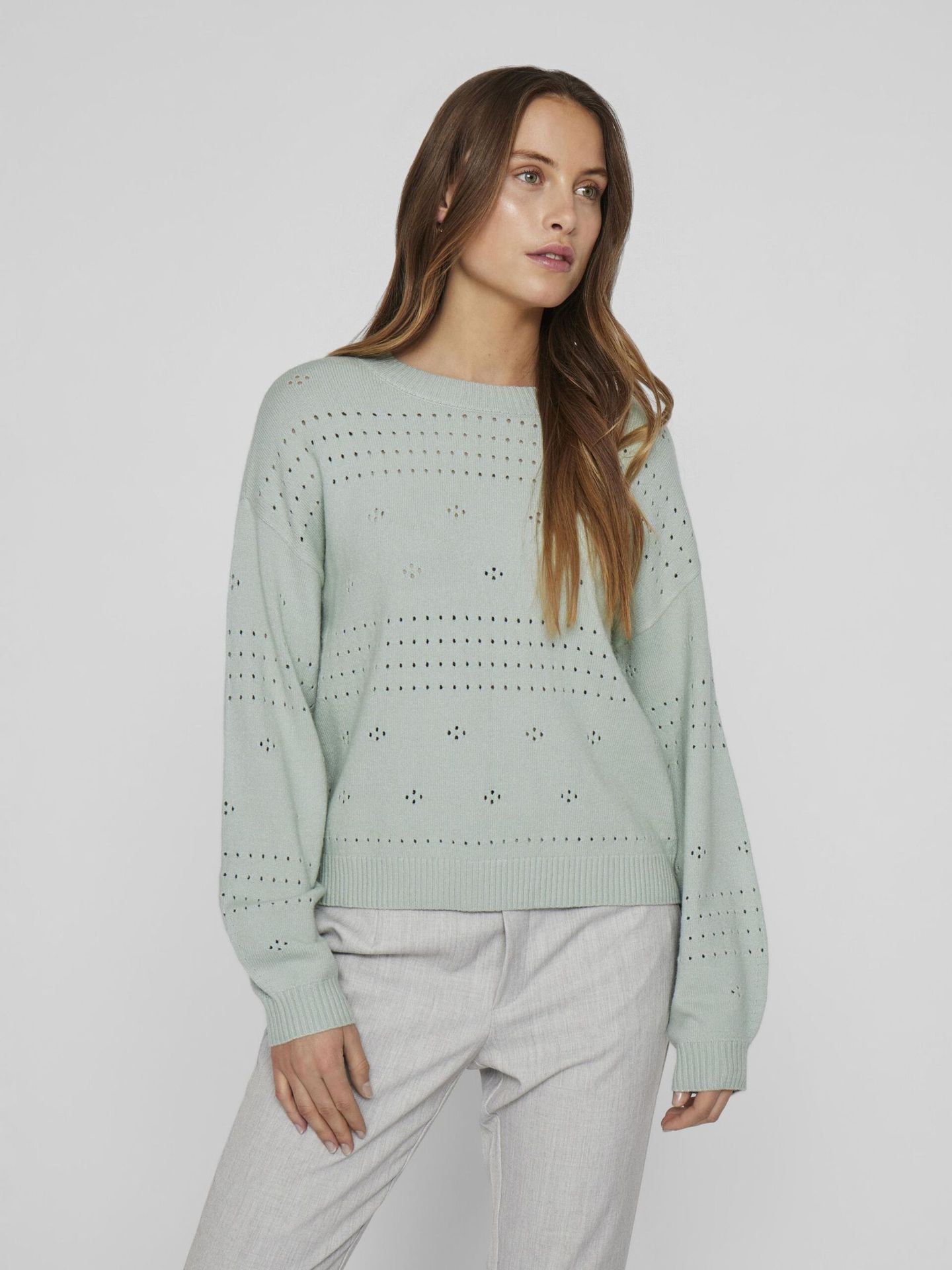 Object VIRIL L/S O-NECK POINTELLE KNIT TOP Silt Green/DARK MELANGE 00111529-EKA22000400000134