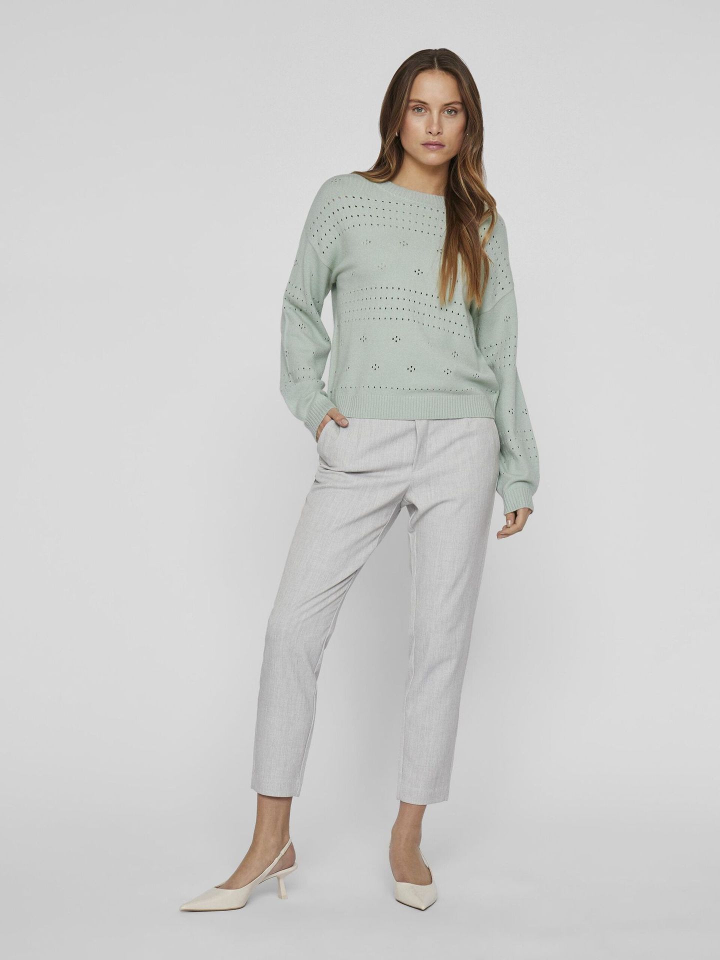 vila VIRIL L/S O-NECK POINTELLE KNIT TOP Silt Green/DARK MELANGE 2900153281012 vila VIRIL L/S O-NECK POINTELLE KNIT TOP Silt Green/DARK MELANGE 2900153281012