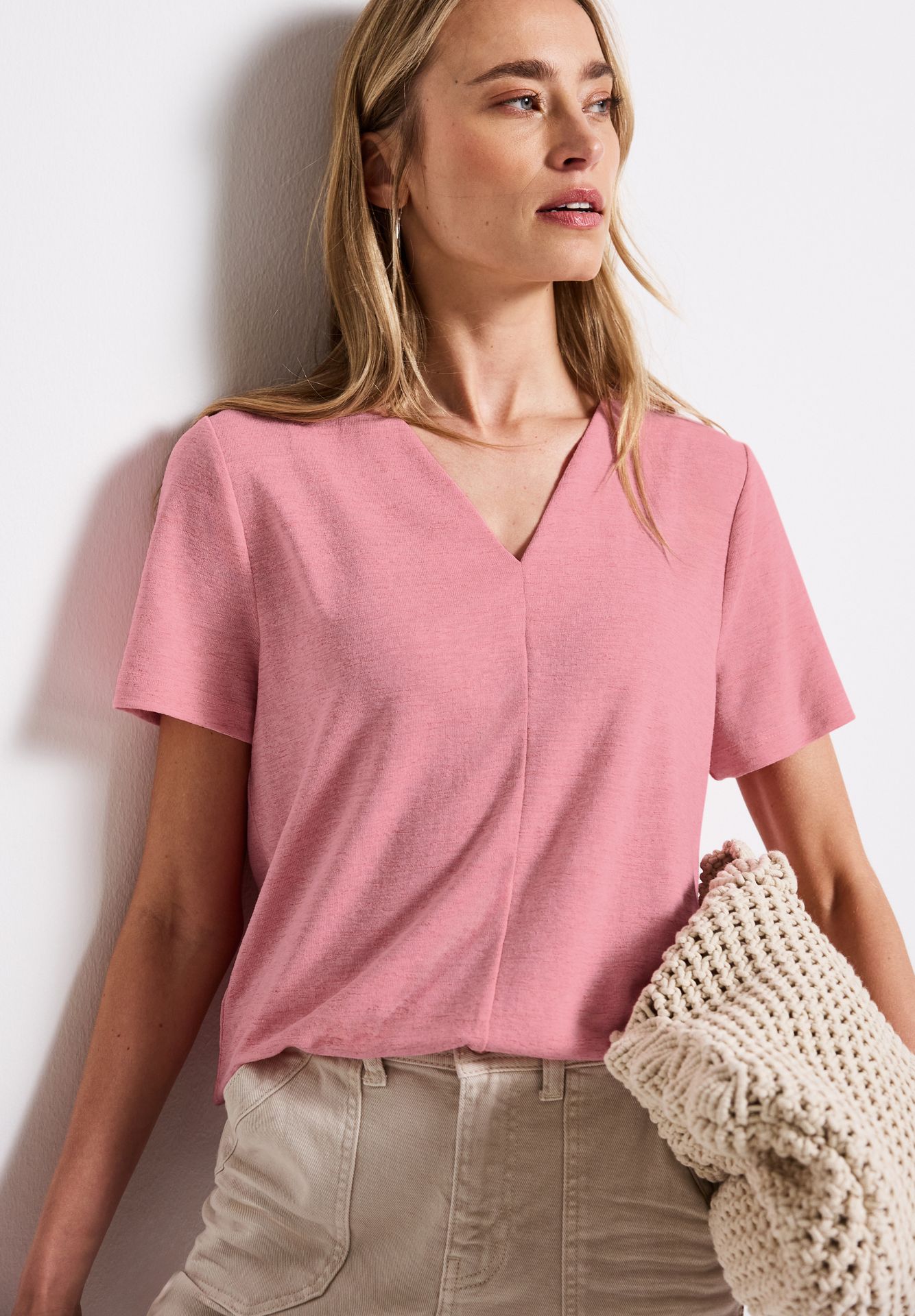 Street-One A323335 linen look v-neck shirt blush peach 2900153975027