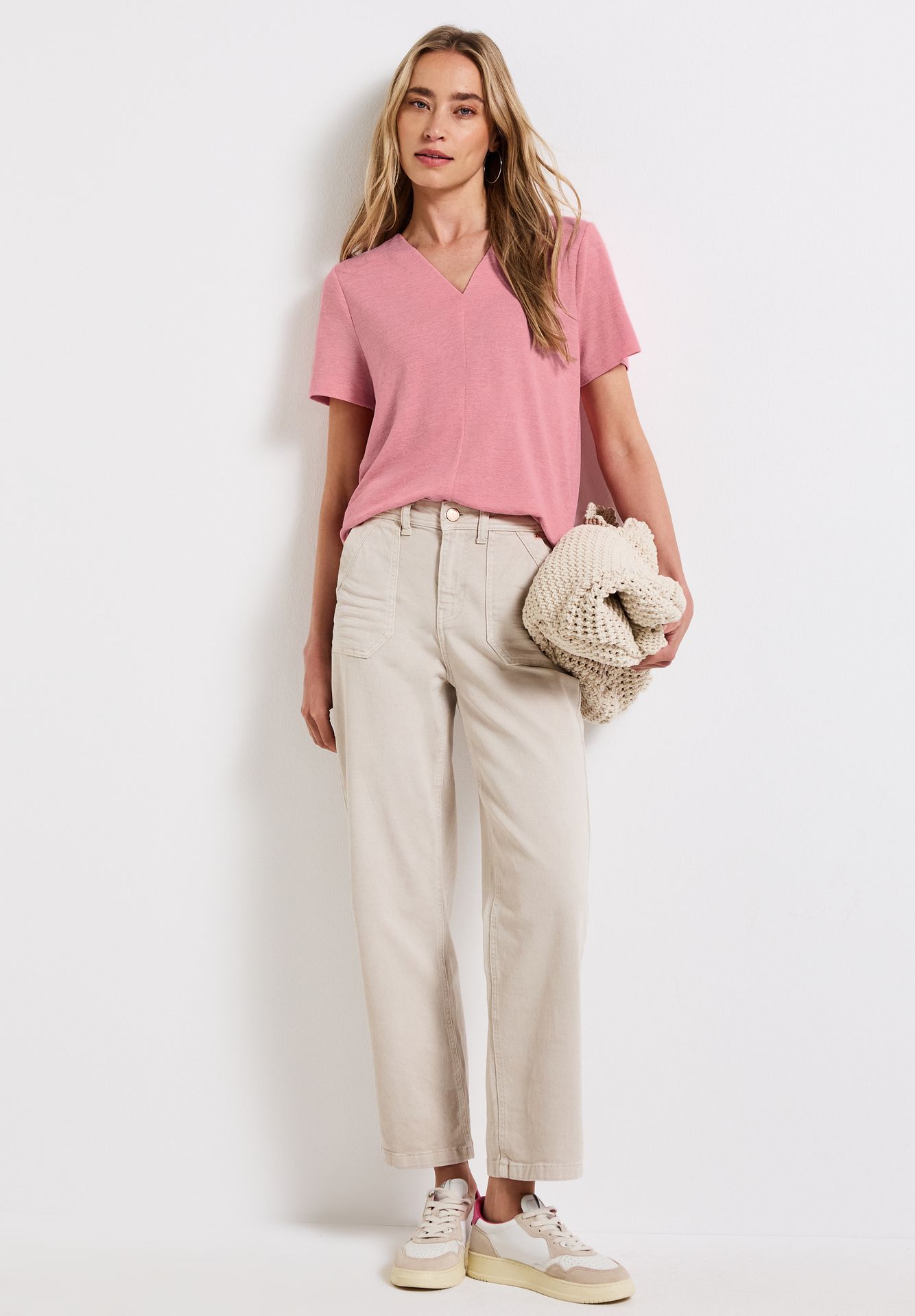 Street-One A323335 linen look v-neck shirt blush peach 2900153975027