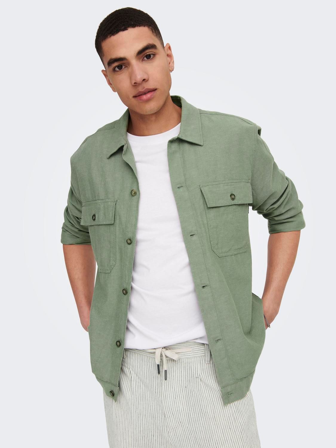 Only & Sons ONSKENNET LS LINEN OVERSHIRT NOOS Swamp 2900154394018