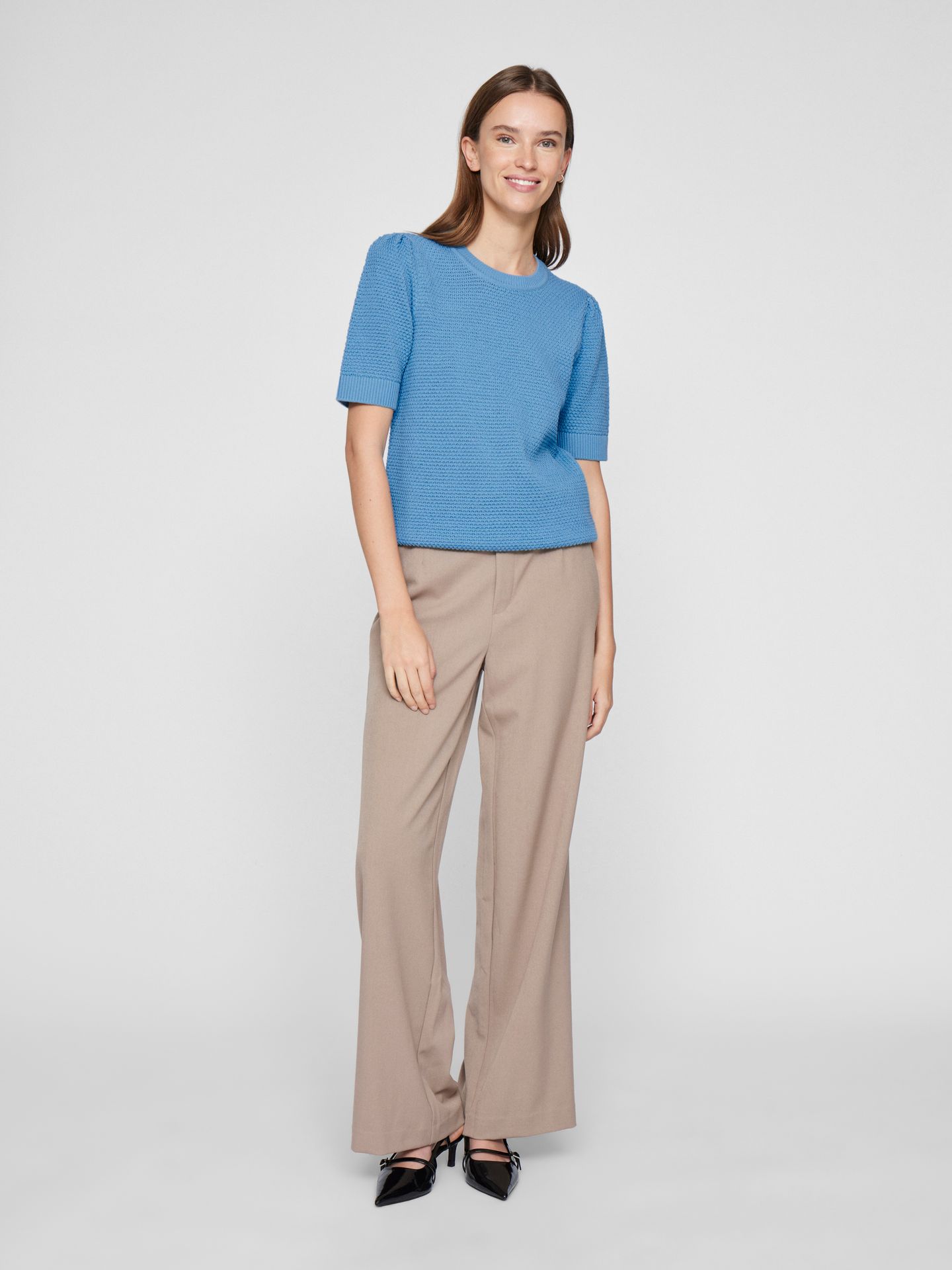 vila VIDALO O-NECK S/S KNIT TOP - NOOS Blissful Blue 2900154714014