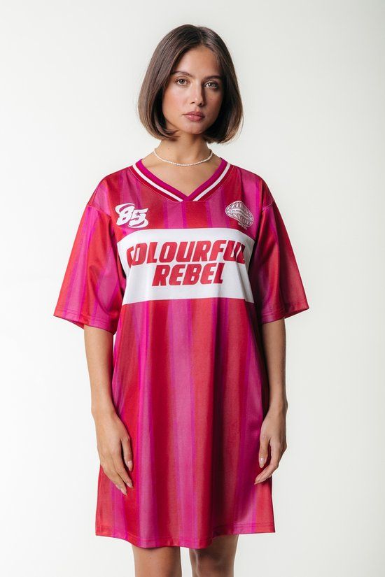 Colourful Rebel Taylie Striped Football Tee Dress SS 671 medium bright pink 2900155797047