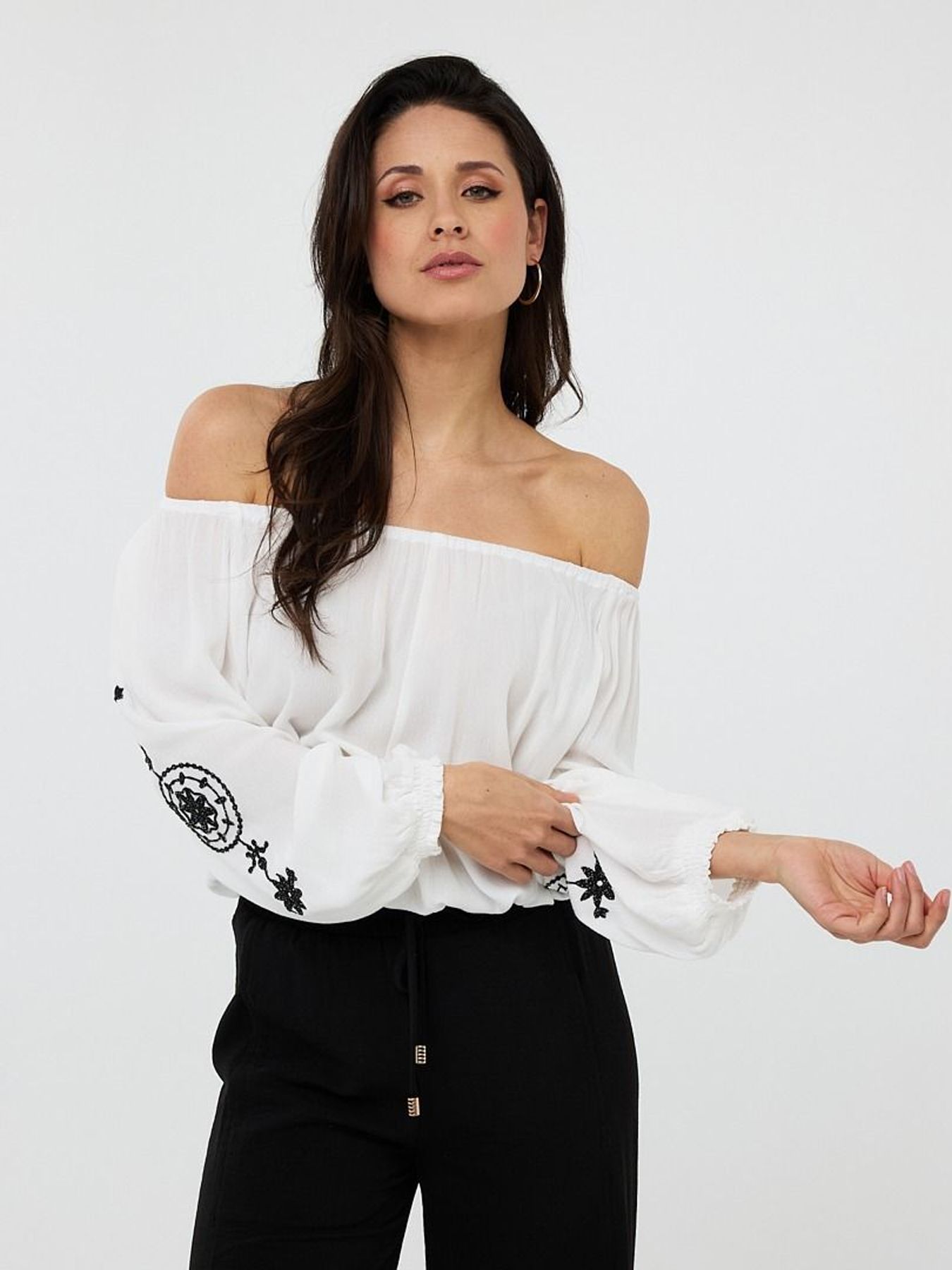 Esqualo Blouse smock crinkle embroidery 982 off white / black 00113262-EKA26009300000039