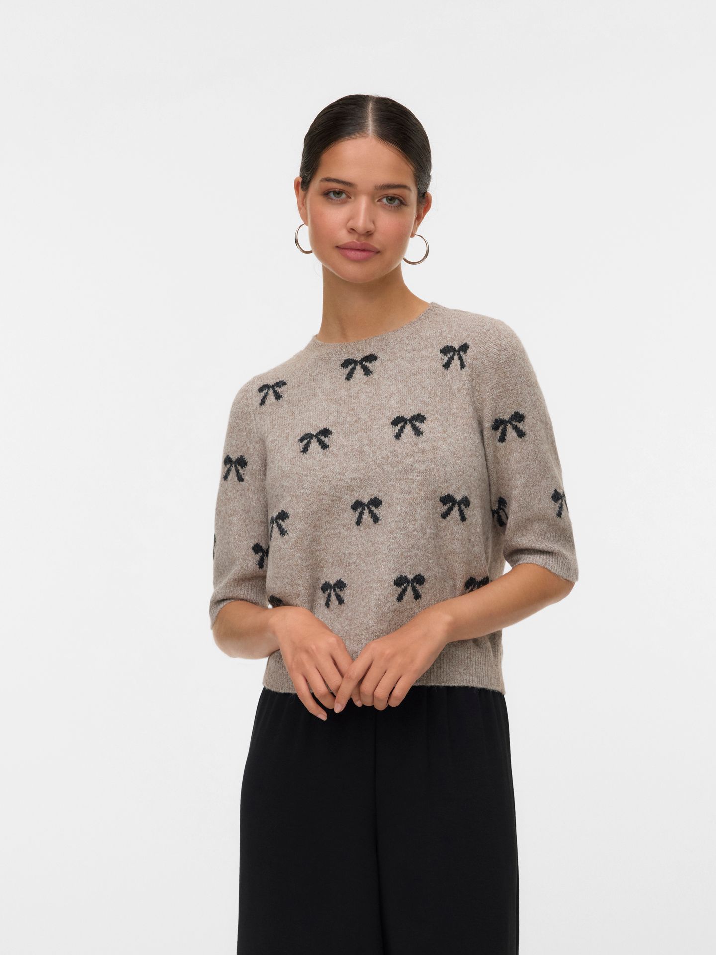 Vero Moda VMDOFFY INTARSIA 2/4 O-NK PULLOV GA Moon Rock/W. BLACK BOWS 2900157591063
